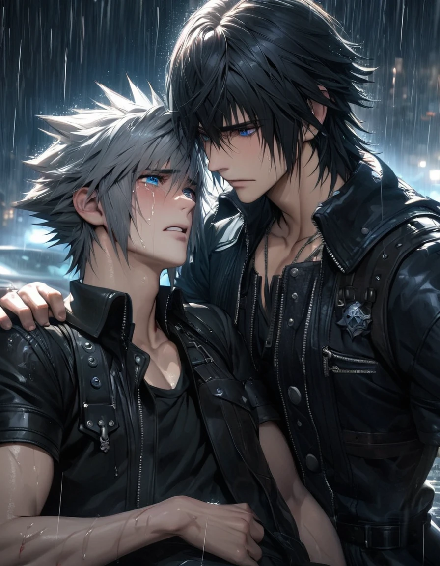 absurdres, highres, ultra detailed, HDR), masterpiece, best quality, vibrant blue eyes, finely eyes and detailed face, Riku, grey hair, Noctis Lucis Caelum, black spiky hair, Kingdom hearts, Final fantasy xv, a man dying in a man's arms, gay, handsome, raining, kingdom, clothes stained with blood, crying, sadness, tears