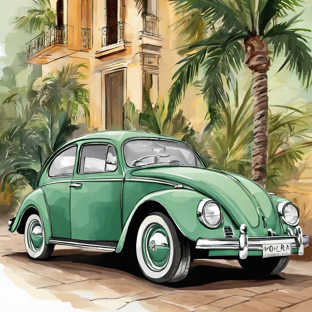 Vista exterior, Un tiro amplio, Un plano amplio y completo, vista frontal, Vista exterior, Disparos interesantes, fuera de una casa, visto desde el exterior, Plano ancho medio, Front view, Adobe Illustrator, Imagen vectorial de un coche verde claro, modelo Volkswagen Beetle 1950, Coche proporcional a la zona , Coche en el centro de la imagen sin cortes, frente a una playa en el Caribe, con palmeras, Edificios antiguos de La Habana, ::n_baja calidad, dollface, anime, imperfecto, texto, firma.