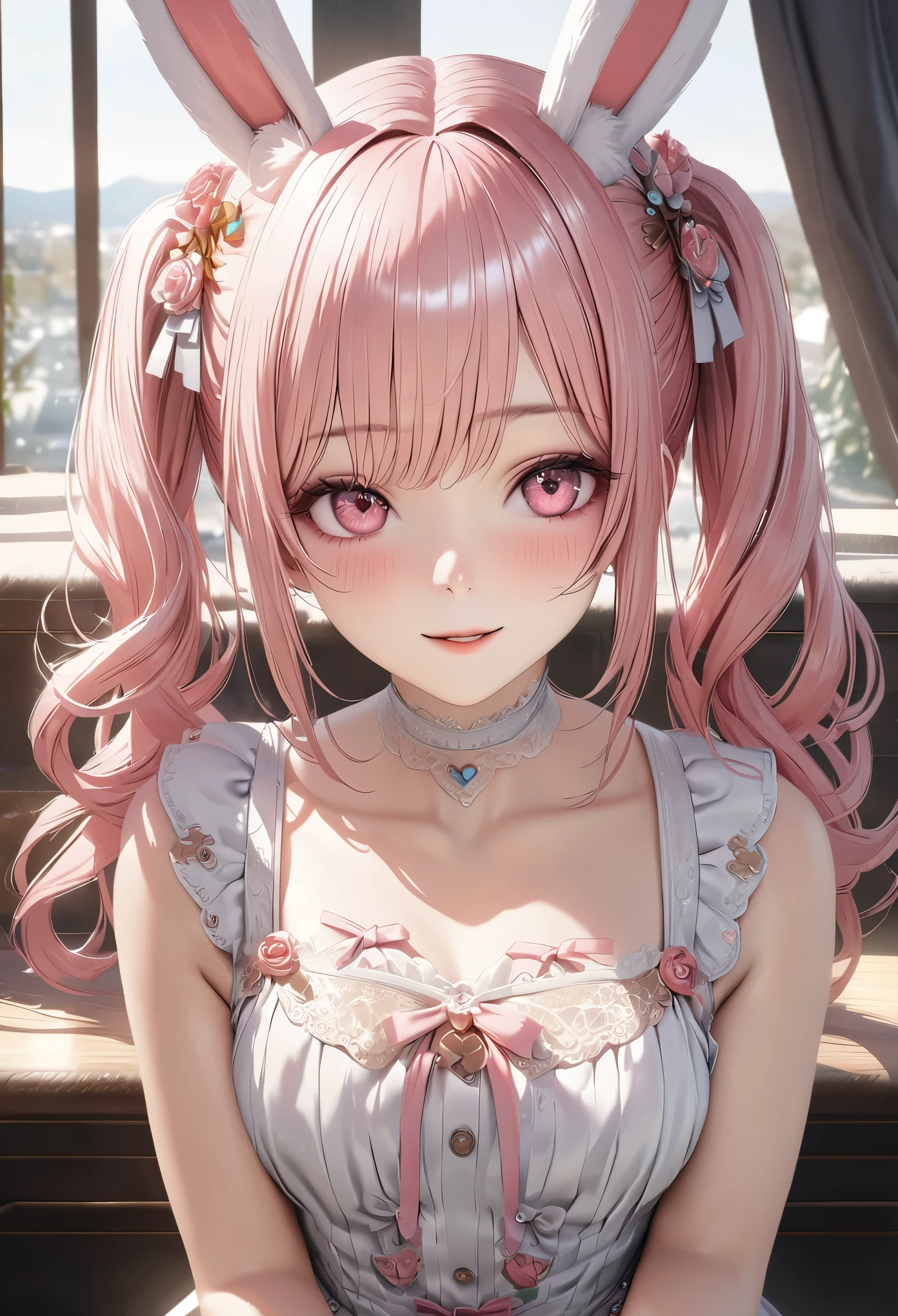 highest quality, highest quality, Super detailed, high resolution, High resolution, HDR, 4k, 8K, unity 8K wallpaper, Detailed CG, masterpiece, realistic, photorealistic, 2D, 3D, beautiful details, depth, fine texture , super fine: 1.3, Fully focused, Crispy.skin, .he,
Very cute anime girl with pigtails hair in a pink bun dressed like a doll, smile,one girl,he女の名前はミラです, alone, pink hair, animal ears, mole under the eyes, looking at the viewer, dress, blush, 白いdress, mole, rabbit ears, parted lips, hair ornaments, heart, pink eyes, choker