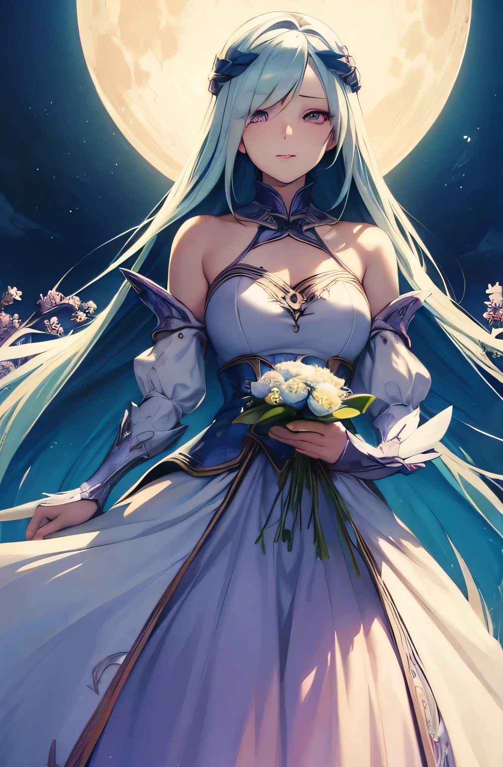 A woman in a dress holding flowers in front of a full moon - SeaArt AI