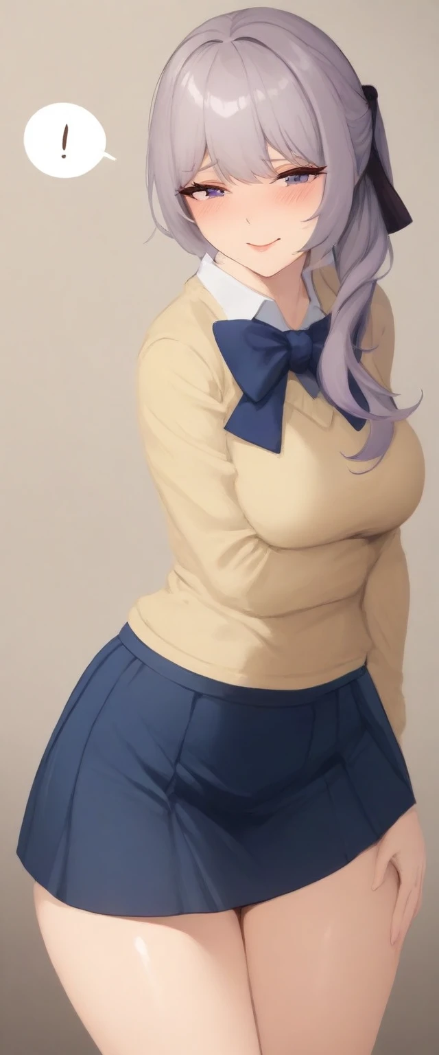 masterpiece, best quality, very aesthetic, absurdres, mature female, (school costume:1.3),(mini skirt:1.3), zettai ryouiki, bow tie, hair ribbon,
(button gap:0),