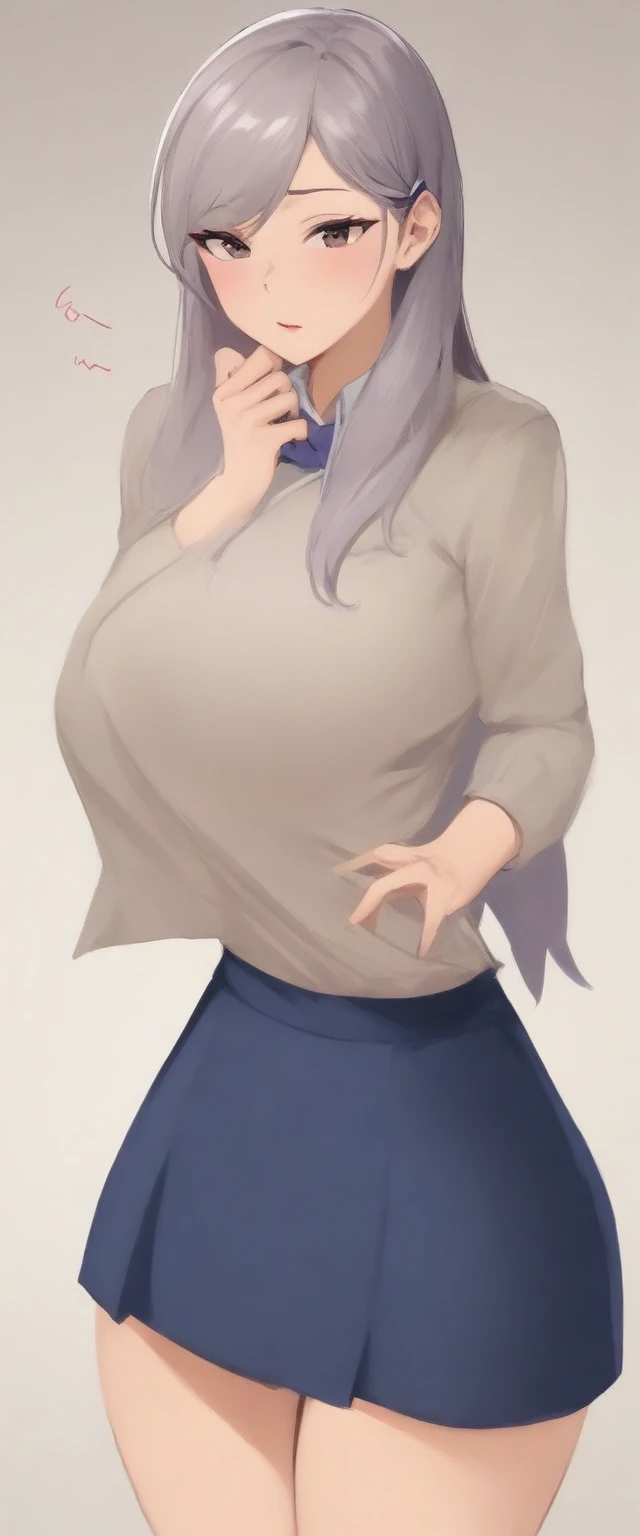 masterpiece, best quality, very aesthetic, absurdres, mature female, (school costume:1.3),(mini skirt:1.3), zettai ryouiki, bow tie, hair ribbon,
(button gap:0),