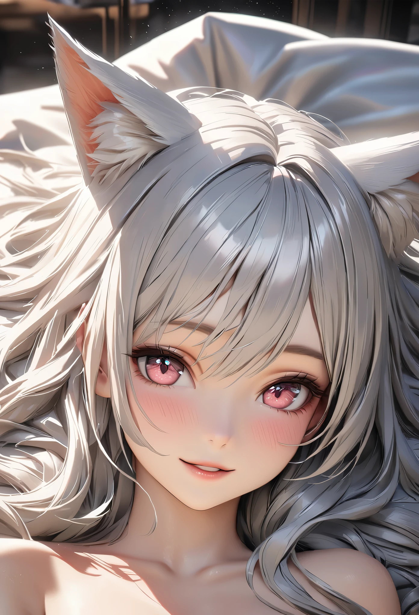 highest quality, expensiveest quality, Super detailed, expensive definition, expensive resolution, HDR, 4k, 8K, unity 8K wallpaper, expensively detailed CG, masterpiece, realistic, photorealistic, 2D, 3D, beautiful details, depth, fine texture , super fine: 1.3, Fully focused, crispy skin, .he, very cute anime girl with long silver hair in expensive , smile, one girl, alone, long silver hair, expensive , beast ears, looking at the viewer, blush, Cat ear, parted lips, Heart, pink eyes
