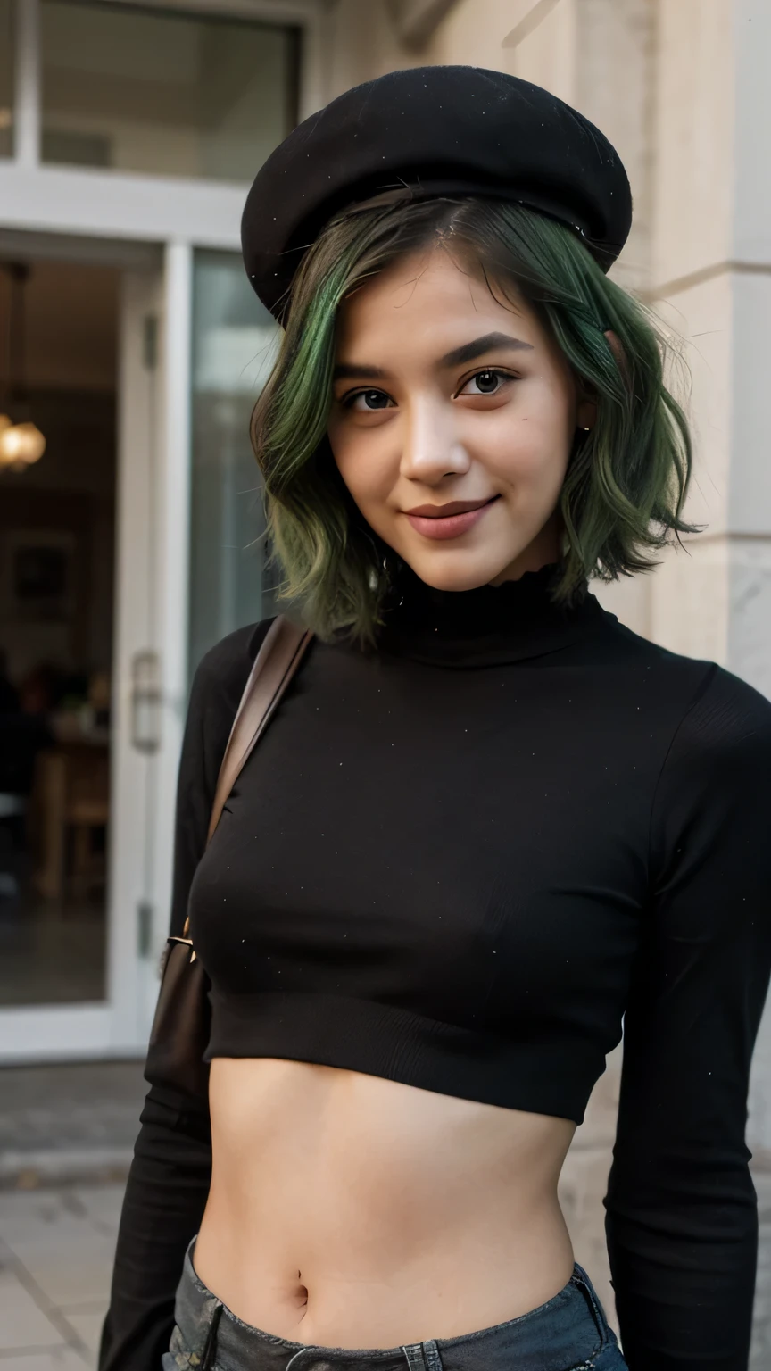 1girls, Nur, green Hair , 24 years old , short-haired, Smiling at the camera, Black Beret with Scarf Detail Fitted Lace Stretchy Crop Knit Blouse