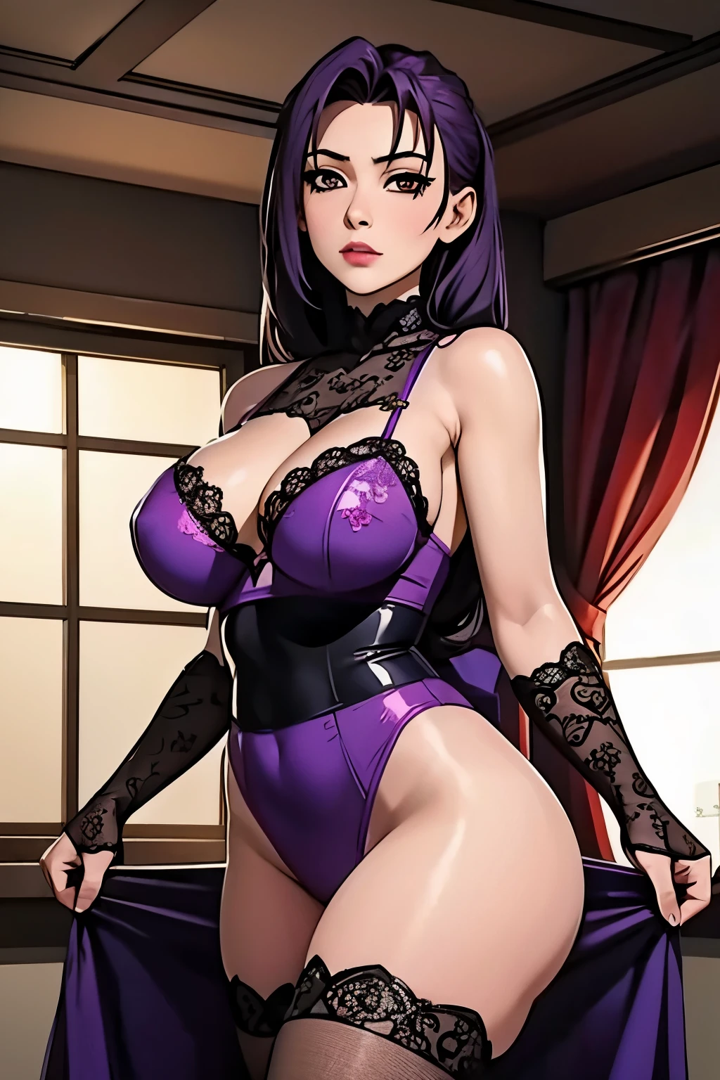 Misako1, dark purple hair, brown eyes,wearing a purple lace doll, black fishnet stockings, high quality,4k,