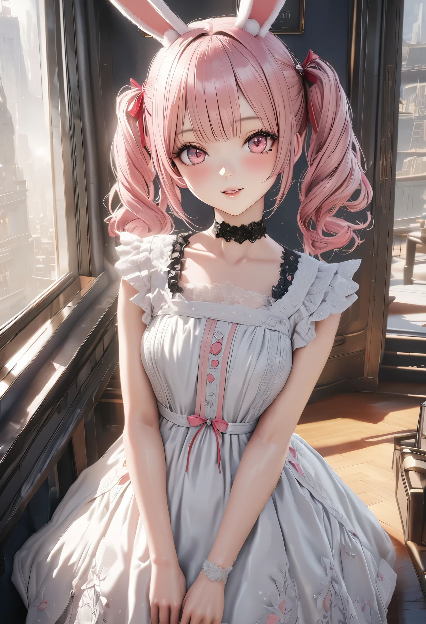 highest quality, highest quality, Super detailed, high resolution, High resolution, HDR, 4k, 8K, unity 8K wallpaper, Detailed CG, masterpiece, realistic, photorealistic, 2D, 3D, beautiful details, depth, fine texture , super fine: 1.3, Fully focused, Crispy.skin, .he,
Very cute anime girl with pigtails hair in a pink bun dressed like a doll, smile,one girl,he女の名前はミラです, alone, pink hair, animal ears, mole under the eyes, looking at the viewer, dress, blush, 白いdress, mole, rabbit ears, parted lips, hair ornaments, heart, pink eyes, choker