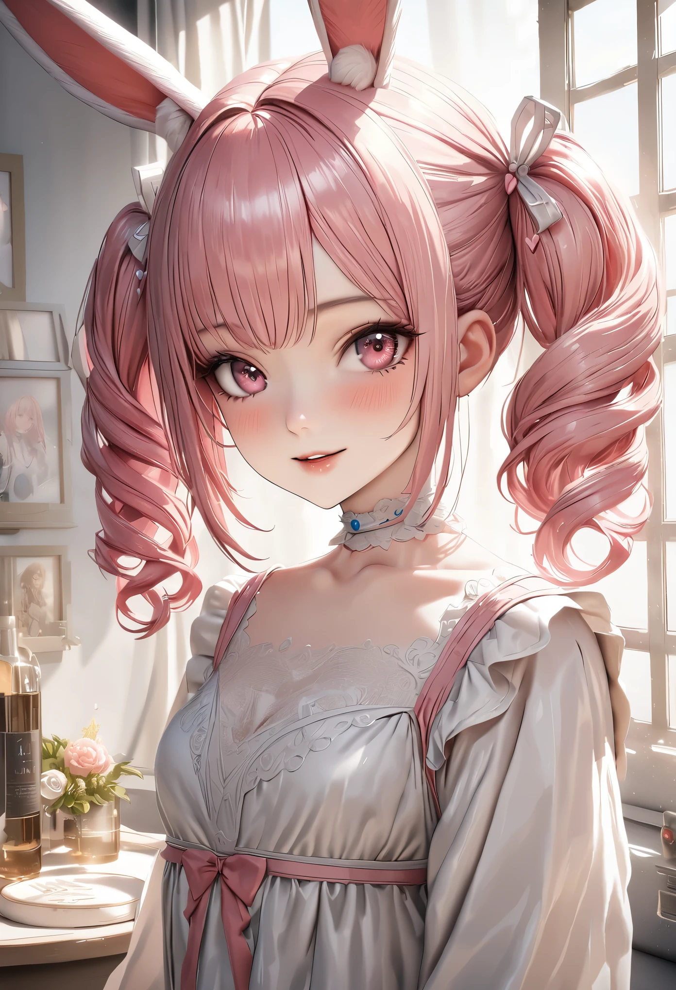 highest quality, highest quality, Super detailed, high resolution, High resolution, HDR, 4k, 8K, unity 8K wallpaper, Detailed CG, masterpiece, realistic, photorealistic, 2D, 3D, beautiful details, depth, fine texture , super fine: 1.3, Fully focused, Crispy.skin, .he,
Very cute anime girl with pigtails hair in a pink bun dressed like a doll, smile,one girl,he女の名前はミラです, alone, pink hair, animal ears, mole under the eyes, looking at the viewer, dress, blush, 白いdress, mole, rabbit ears, parted lips, hair ornaments, heart, pink eyes, choker