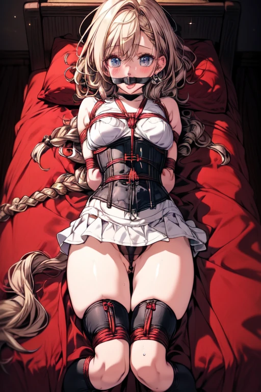 Shiny blond hair, very long hair, sophisticated haircut, ((((hair fully braided)))), ((small twisted braids)), thin and oval face, submissive, (((gagged))), ((((black tight corset)))), ((((tight skirt)))), cute and blushing 18 years old anime girl, look away because she is embarrassed and blushes, bright blue eyes, detailed face, detailed members, detailed arms, detailed hands, ((((sparkling diamond jewelry)))), tiara, ((makeup)), high heels, puffy sleeves, long gloves, long eyelashes, Girl lying, tied by ropes, shackled, can no longer move, tied tightly, very hard tied up with lots of ropes, hampered by so many ropes that she can no longer move, bound hands and feet, ropes tie his whole body, tied extremely tightly and forcefully to her bed by a lot of ropes, its limbs are strongly tied together by ropes, his torso is tied up with thick cords, her chest is so tied up with ropes that it sticks out, her legs are tied tightly with thick ropes, his hands are tied behind his back with ropes, she can no longer move her feet, her hands which are tied by thick ropes, she desperately tries to free herself, likes to be tied tight with big ropes, likes to be immobilized by big ropes, lying down, his hands and feet are strongly tied to the railing of his bed, his legs are pressed together and tied with ropes, its limbs are held vigorously by imposing ropes, her hands are tied securely behind her back by ropes, her chest is compressed by strong ropes, she is pressed against her bed and restrained by large ropes (shibari, arms behind the back:1.4), (hands on the back), (masterpiece, best quality) 1.5, 1girl, solo, (sexy, beautiful woman, perfect face, perfect eyes, perfect hands), samus aran, (shibari, arms behind the back:1.4), (hands on the back), Spread the legs, s' ((lie in bed by big ropes)), ((close up of the girl)), ((((lie in bed))))