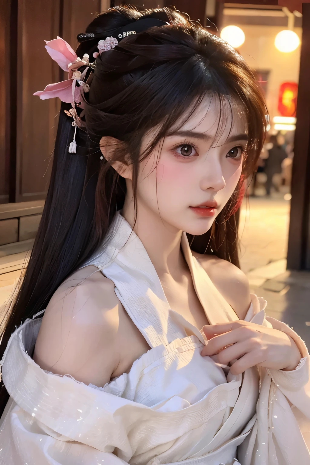 Beautiful woman with perfect body：1.4，layered hairstyle，prominent cleavage，Hanfu：1.5，whole body，Highly detailed facial and skin textures，double eyelids，whiten skin，long hair