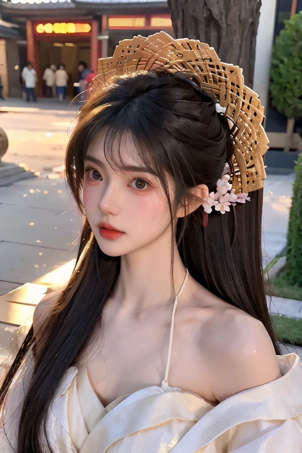 Beautiful woman with perfect body：1.4，layered hairstyle，prominent cleavage，Hanfu：1.5，whole body，Highly detailed facial and skin textures，double eyelids，whiten skin，long hair