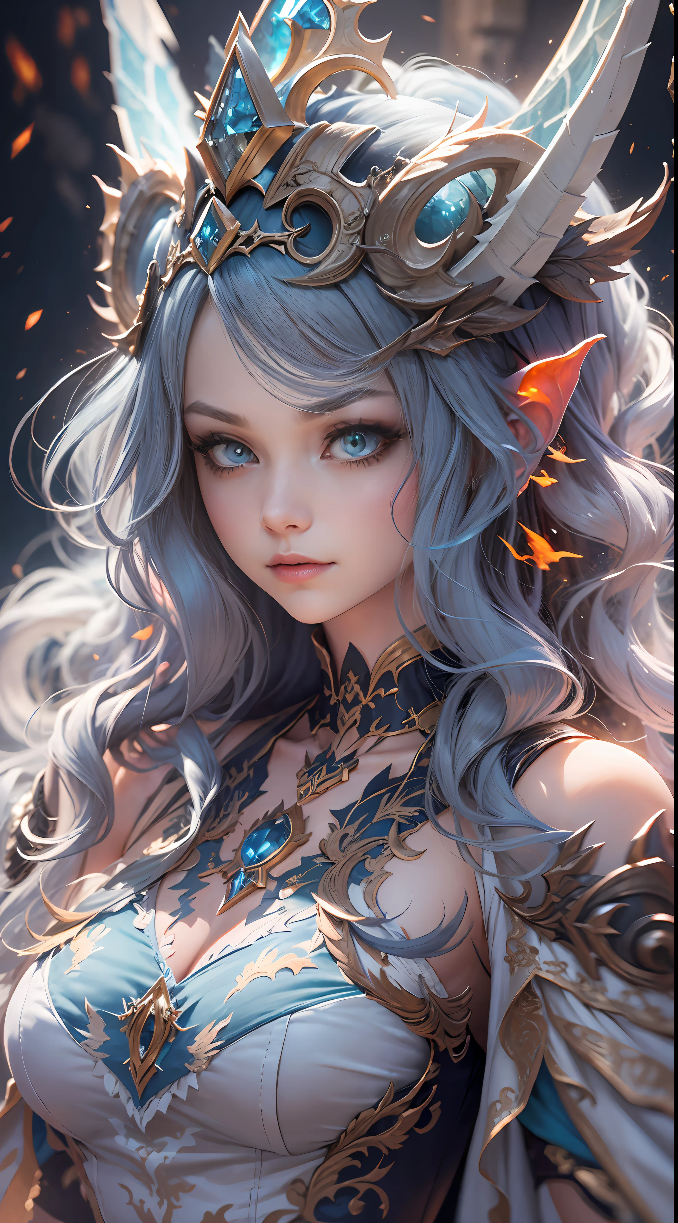 Masterpiece, fantasy art, extremely detailed, (overhead view, fisheye view:1.2), vivid colors, 1 girl, ice goddess, stunning beauty, (big sapphire eyes:1.1), (hair ornament:1.3), (beautiful eyes and face makeup:1.3), open shoulder, cleavage, (lace long dress:1.2), see through fabric, cinematic lighting,(negative space:1.5), intricate background, (fractal art:2), (snowflakes:1.3)