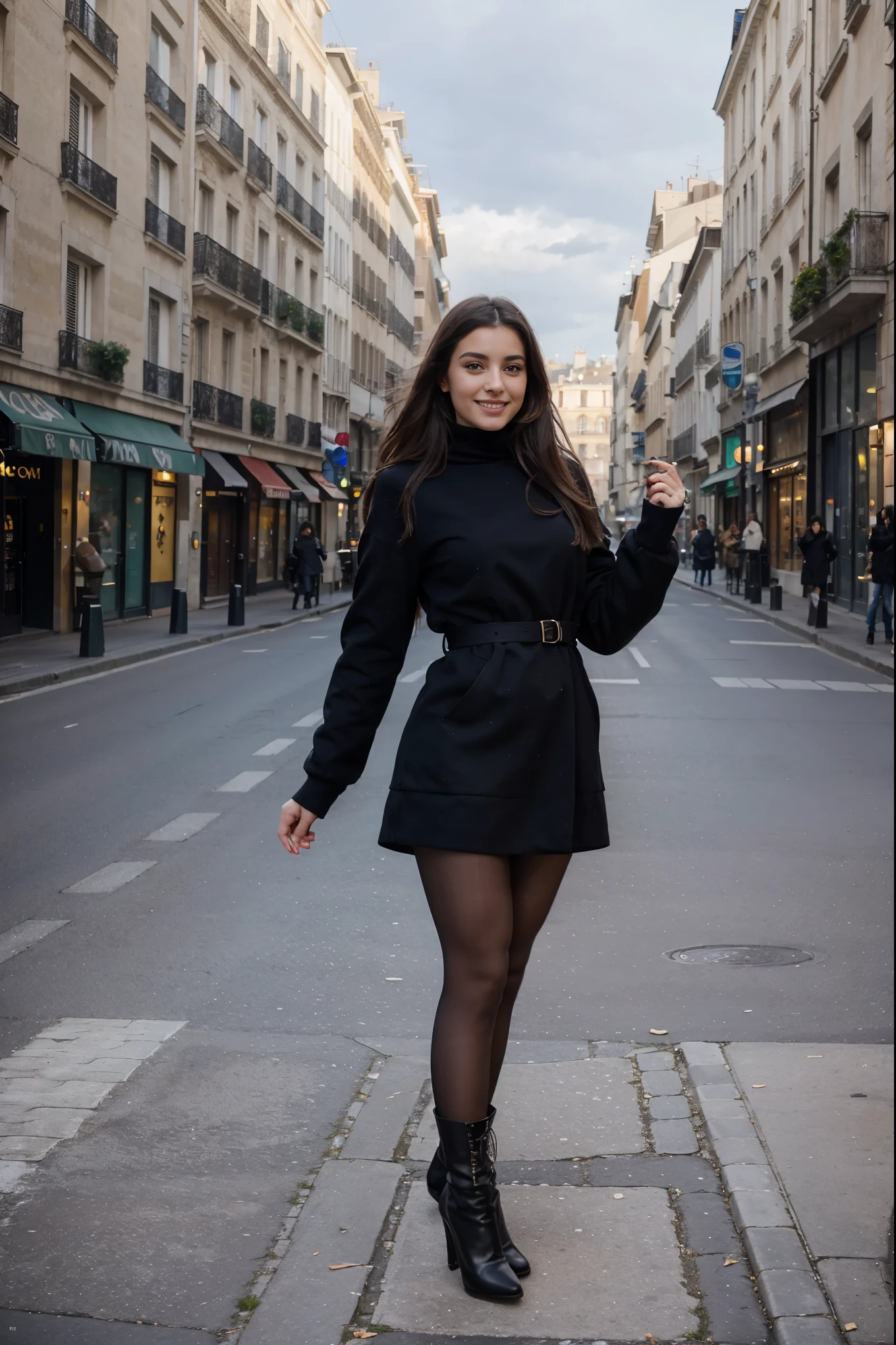 Italian girl 25 years old, beautiful, wonderful, 1 girl, dancing on the street, real, very high resolution, 8k, amazing body, luxury, center of Paris, pantyhose, sexy, smile, winter dress, cloudy, heeled boots