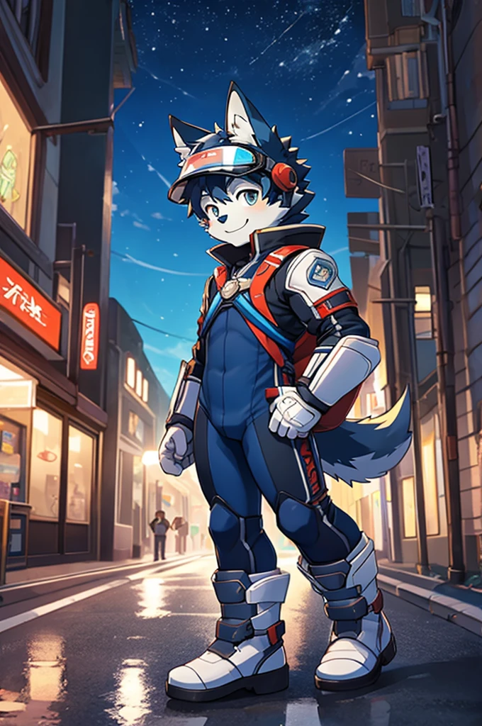 furry,1boy, dark blue wolf boy, tights bodysuit, young hero, white gloves, white boots, street background, smile, shota, visor, night