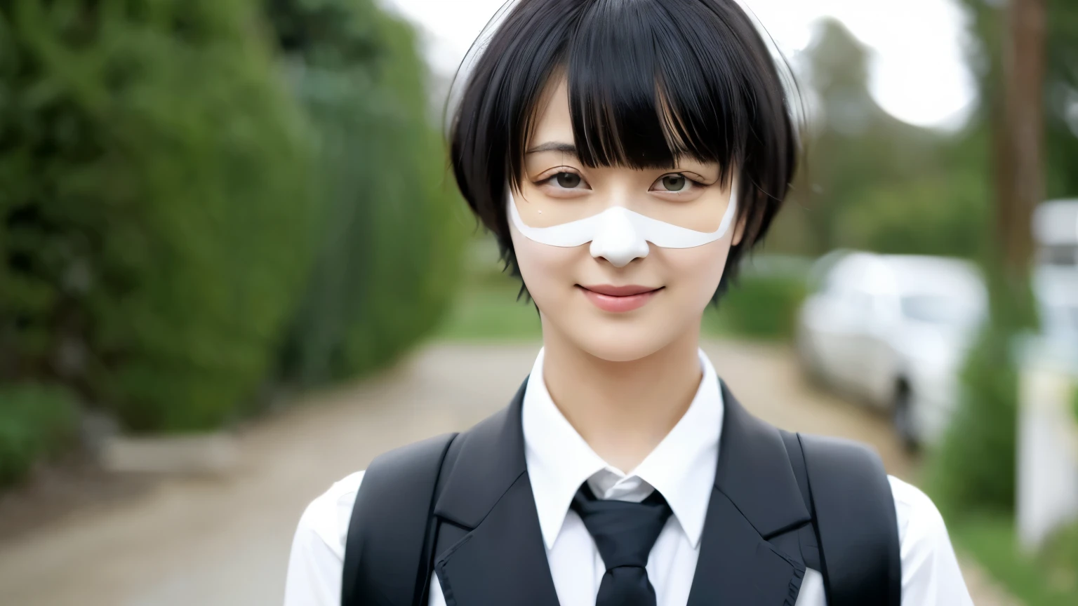 masterpiece, highest quality, 1 girl, alone, eye patch, tie, shirt, formal, black tie, smile, suit, collared shirt, white shirt, black hair, hymen (chainsaw man), looking at the viewer, black Jacket, Jacket, bangs, Upper body, medium hair, yellow eyes, short hair, green eyes, closed mouth、sideways glance