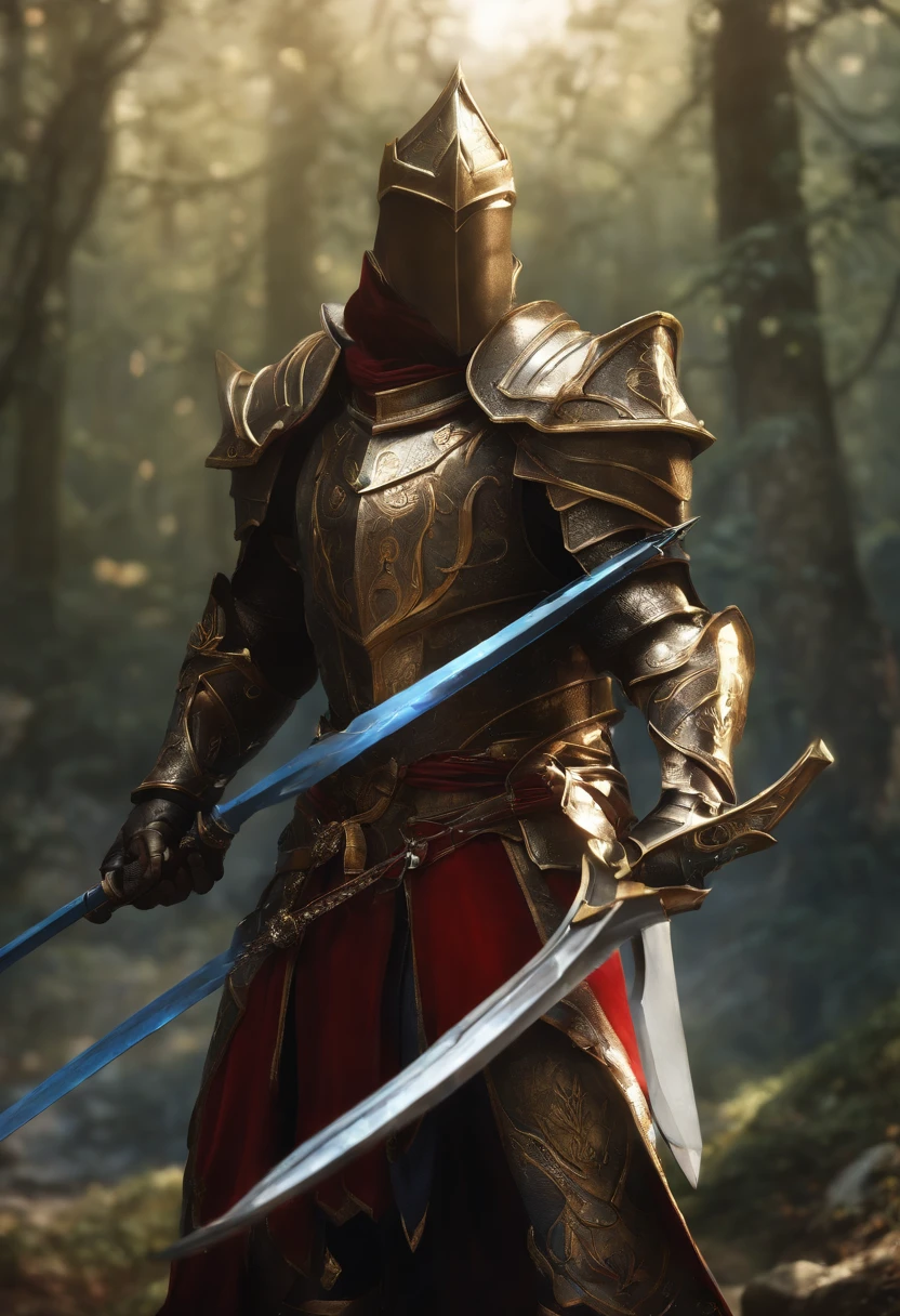 There is a pike with a red and blue design, Bright Blue Soul Blade, Incandescent spades, Pike Blade Style, raytraced blade, The sword, Bright Pike, Complex fantasy sword, war blade weapon, Medievolvil Sword, Magic Pique, Realistic pique. To create gold chain to Bow to powerfull fish super powerfull weapons super powerfull suits knight and black hair long time plant Bow