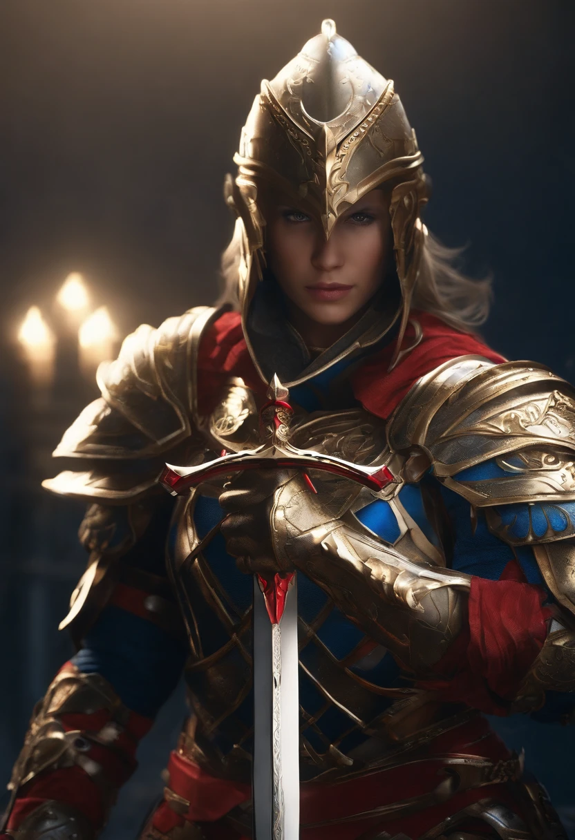There is a pike with a red and blue design, Bright Blue Soul Blade, Incandescent spades, Pike Blade Style, raytraced blade, The sword, Bright Pike, Complex fantasy sword, war blade weapon, Medievolvil Sword, Magic Pique, Realistic pique. To create gold chain to Bow to powerfull fish super powerfull weapons super powerfull suits knight and black hair long time plant Bow