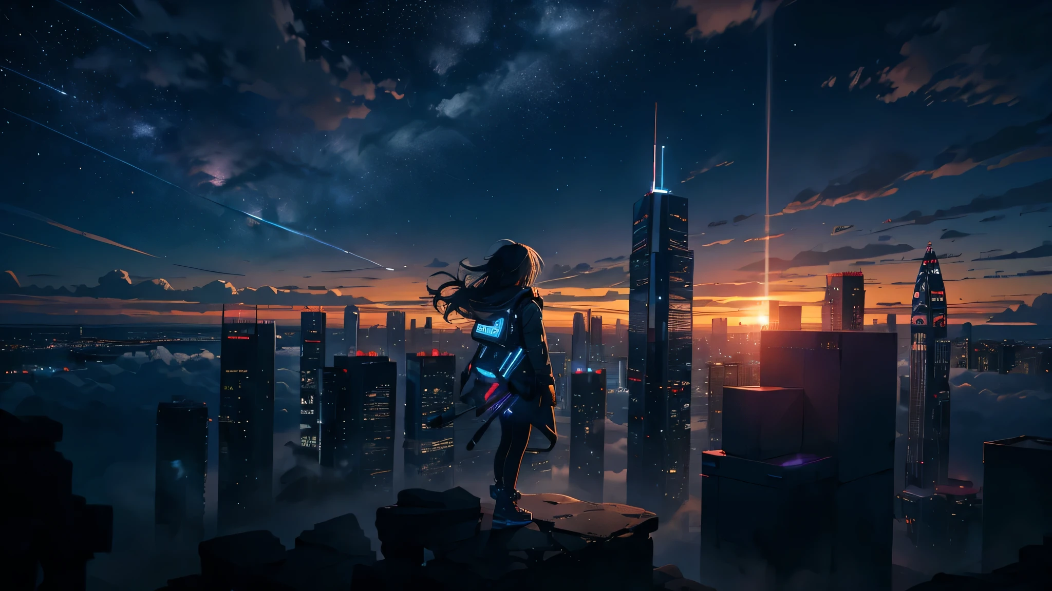 octane, null, star (null), scenery, starry null, night, Are crying1adult women, night null, sunrise、alone, outdoor, building, cloud, milky way,Are standing, long hair, 、city, silhouette, cityscape、
