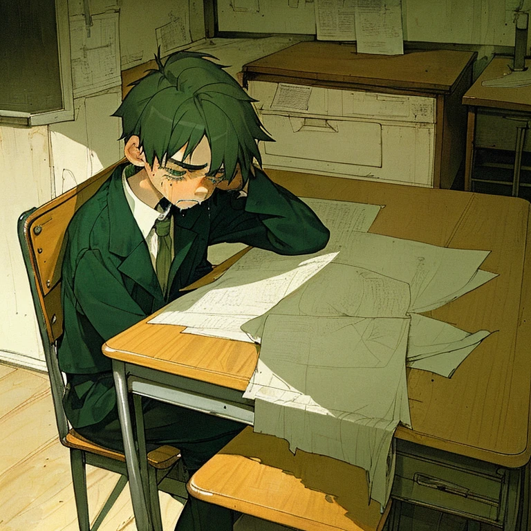 Twelve year old boy sitting next to an old desk thoughtful sad melancholic with deep pain on his face about to cry full of sadness and melancholy