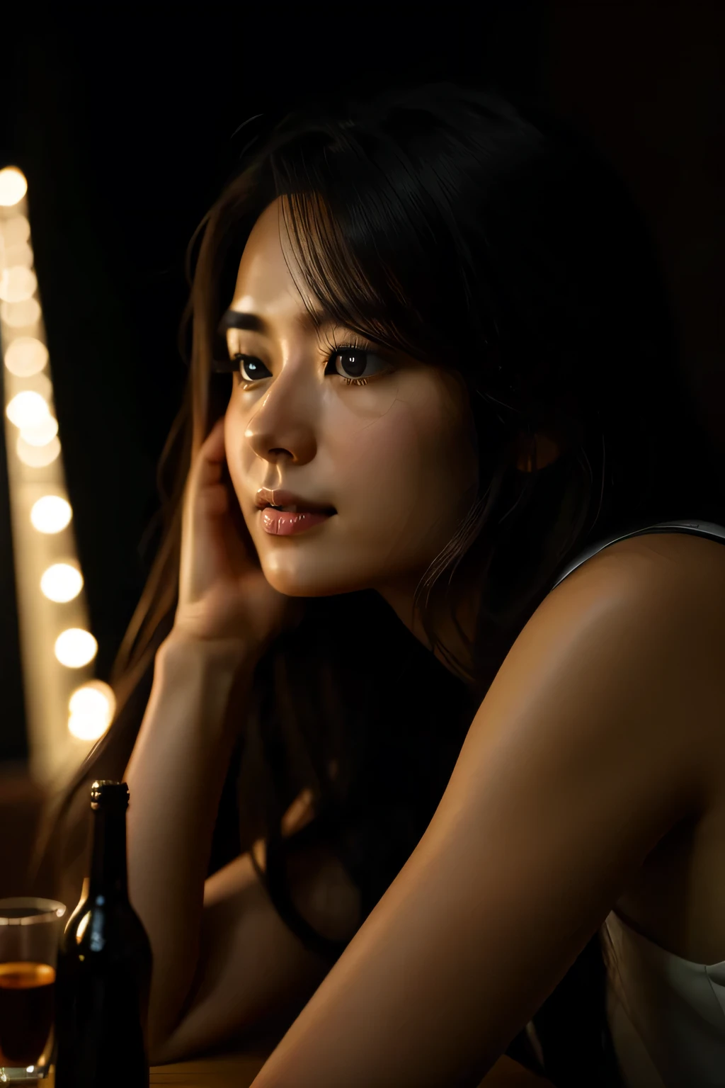 (8k RAW photos、A masterpiece of the highest quality:1.2)、beautiful woman、lost in thought、look tired、table、put your head on your arm、Stretch your arms forward、two glass bottles on the table、black tea glass cup、 A soft light from the side、a movie evening 、rim light, side lights、dramatic glow on the face、low key、bokeh dof