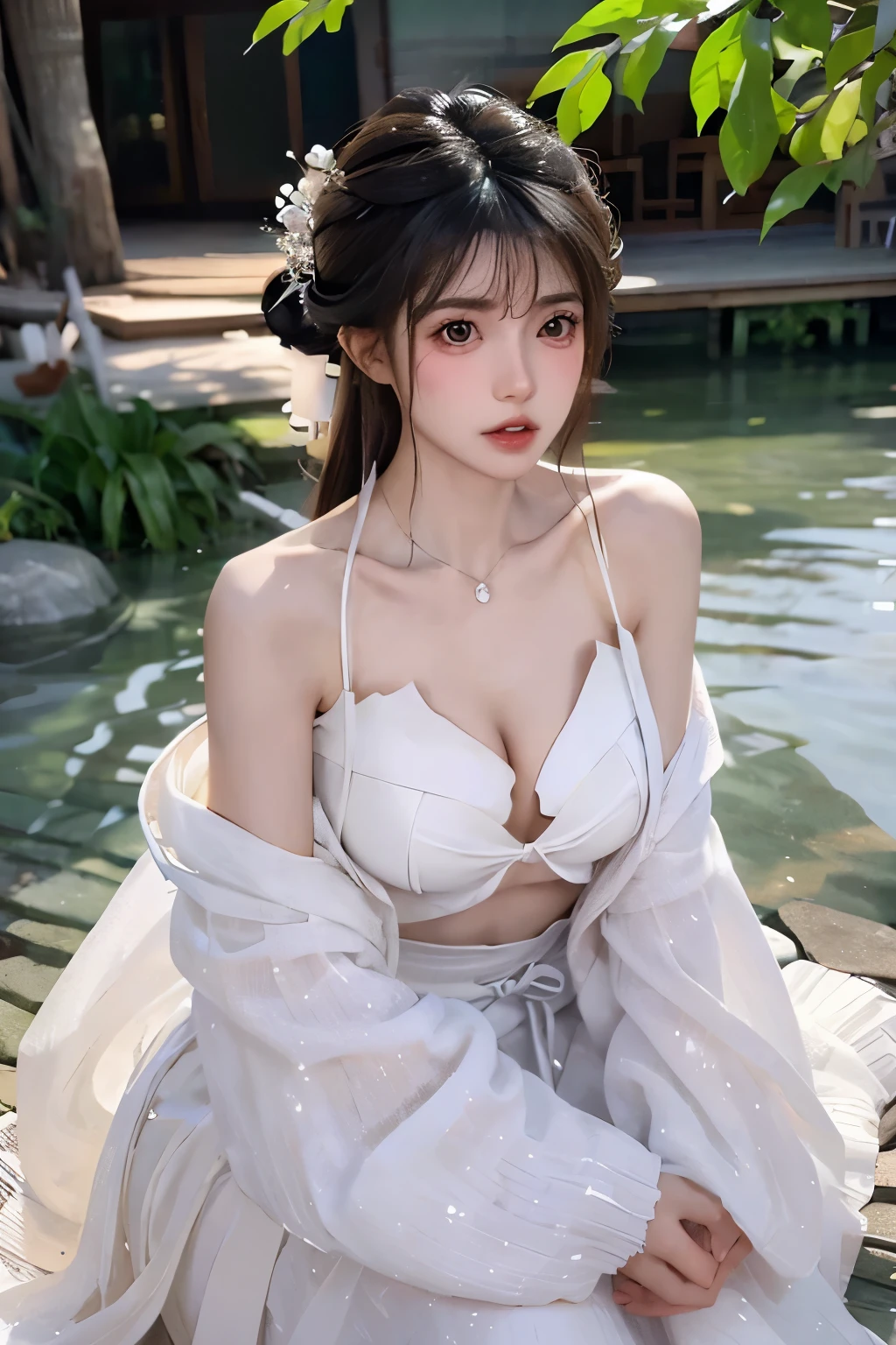 Beautiful woman with perfect body:1.4,layered hairstyle,prominent cleavage,white hanfu:1.5,ultra short pleated skirt,whole body,Highly detailed facial and skin textures,double eyelids,whiten skin,long hair