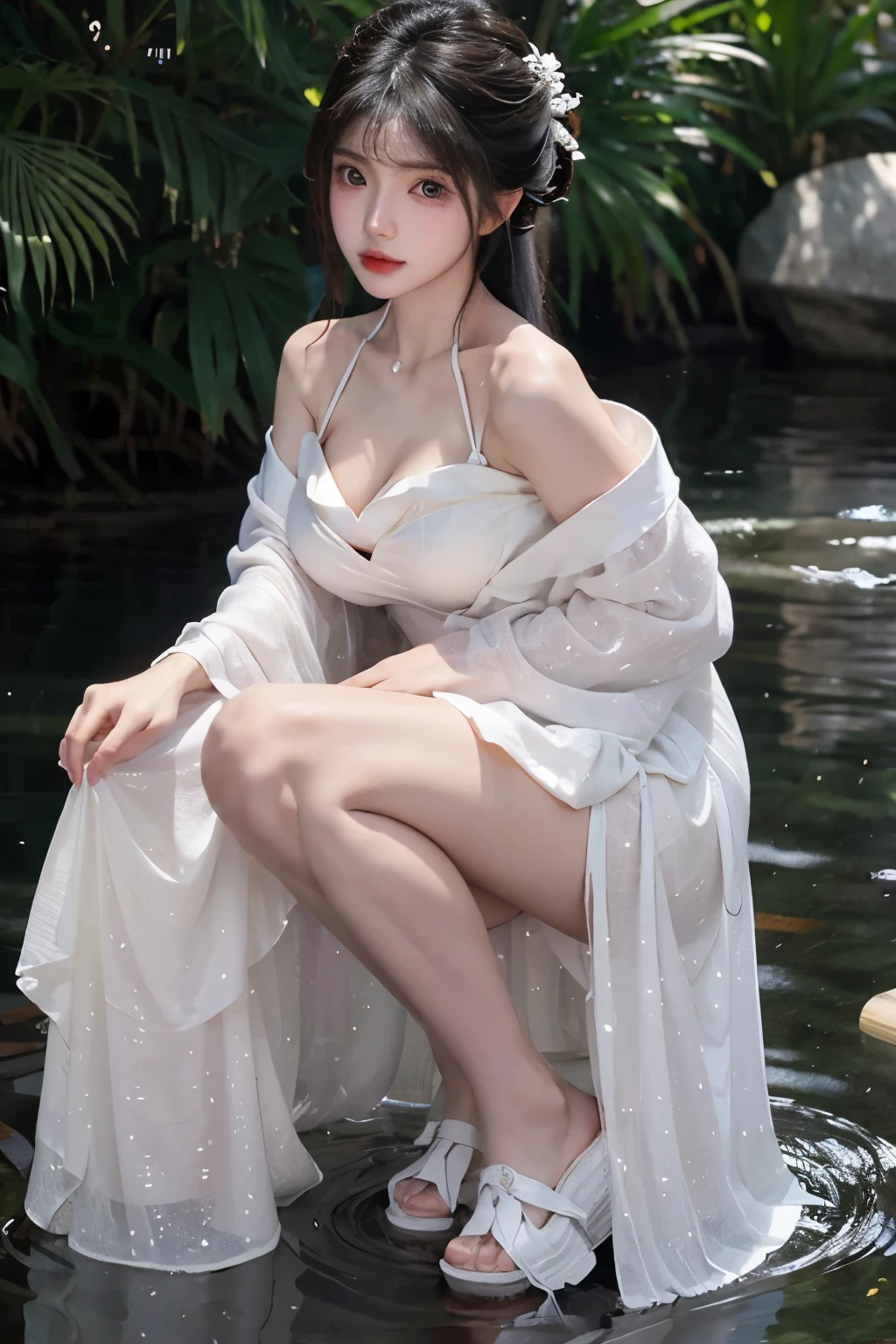 Beautiful woman with perfect body：1.4，layered hairstyle，prominent cleavage，white hanfu：1.5，ultra short pleated skirt，whole body，Highly detailed facial and skin textures，double eyelids，whiten skin，long hair