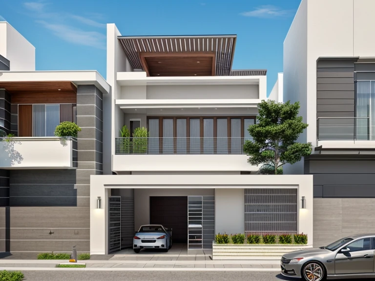 (masterpiece),(high quality), best quality, real,(realistic), super detailed, (full detail),(4k),8k,modern house exterior design,Modern architecture,Beautiful_sky,Day light, no_humans, outdoors,sky,tree,Garden flower front of building,