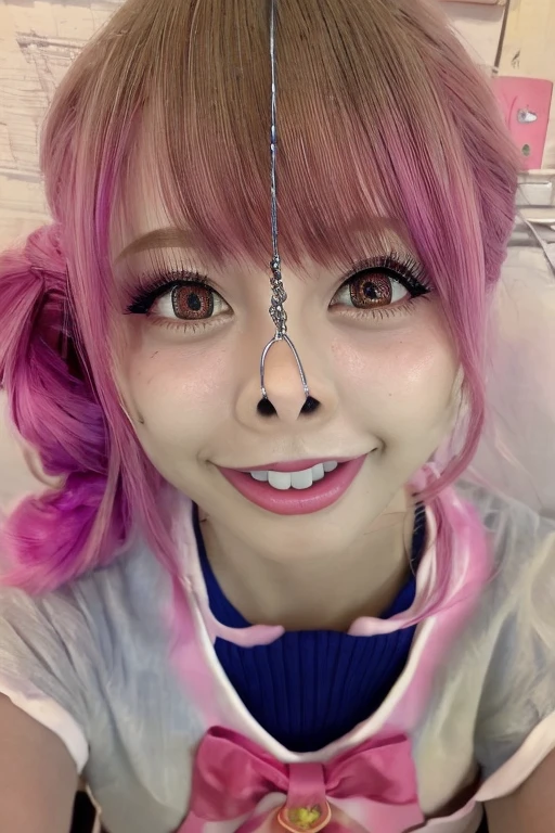 high quality, super detailed, 最high quality, Extremely detailed, beautiful, masterpiece,masterpiece, 最high quality, 1 mature woman, alone, looking at the viewer, Japanese,Japanese 熟女 milf,Apron Clothing,face focus,face focus,face close up,random wavy hair,False lashes,naughty smile,thick lips,make,kindergarten teacher,Nursery school teacher,mother,(beautiful skin:2.0),pink hair,Twisted Spiral Twintails,Black gal,