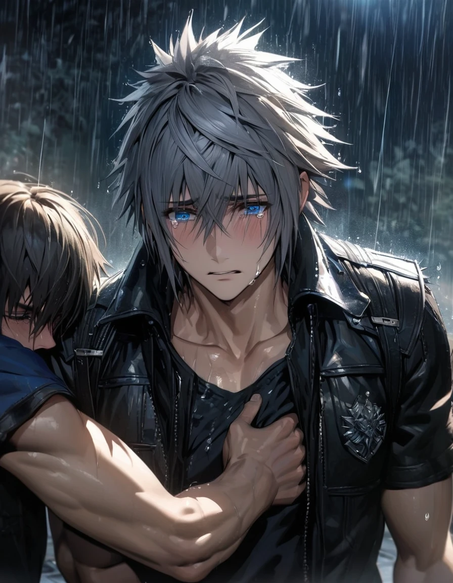 absurdres, highres, ultra detailed, HDR), masterpiece, best quality, vibrant blue eyes, finely eyes and detailed face, Riku, grey hair, Noctis Lucis Caelum, black spiky hair, Kingdom hearts, Final fantasy xv, a man dying in a man's arms, gay, handsome, raining, kingdom, clothes stained with blood, crying, sadness, tears