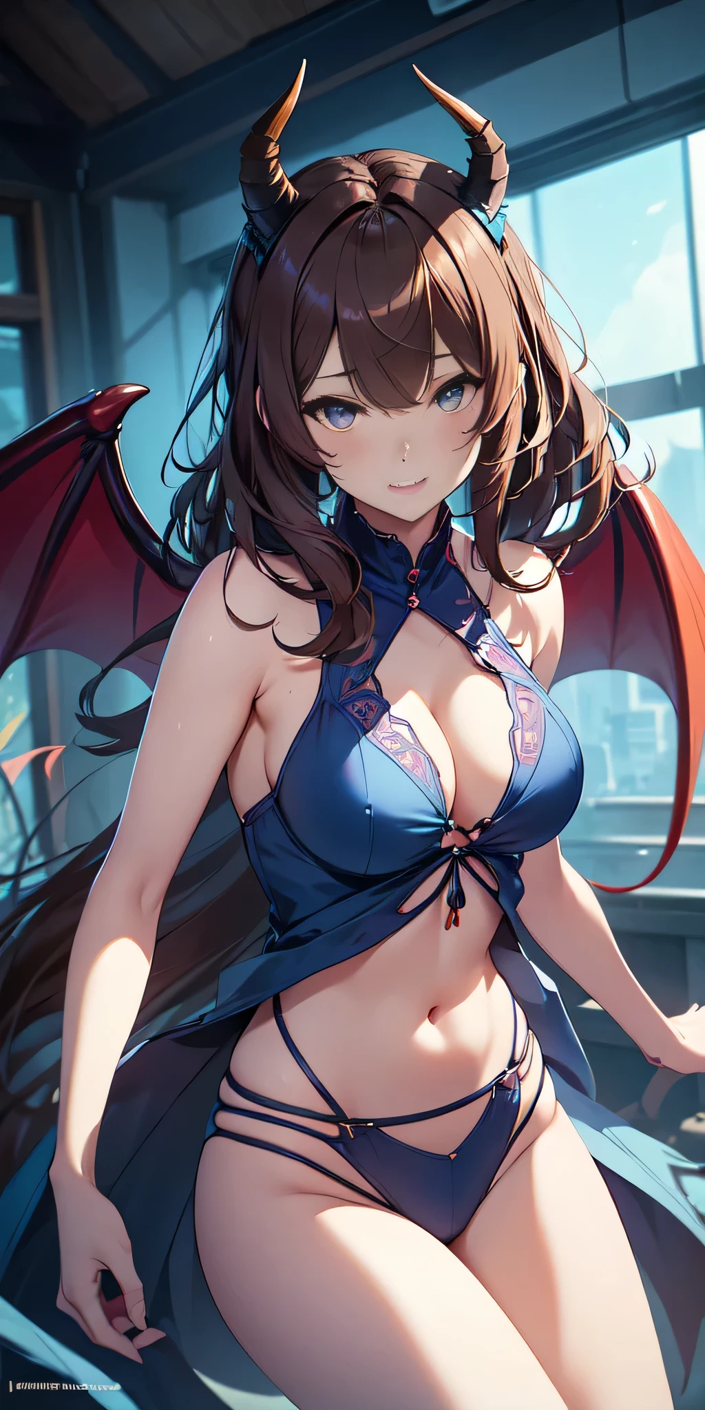 (large demon wings the size of her body), 1 demon girl, bright red yellow crystal eyes, demon horns, demonic tail, long light blue hair, bewitching smile, (lips parted), hair ornaments, provocative blue clothes, (Flying like an owl when hunting), approaching the roof, blue night, 18 years old, sharp focus, looking at the roof, cowboy photo, very sexy girl, sexy hunting pose, (blueberry theme: 1.1) , (blue tone: 1.1), illustration),all realistic intricate details: "(solo, cute, brown hair, blue eyes, medium breasts, firm breasts, symmetrical face, short drees, very sexy)" random angle