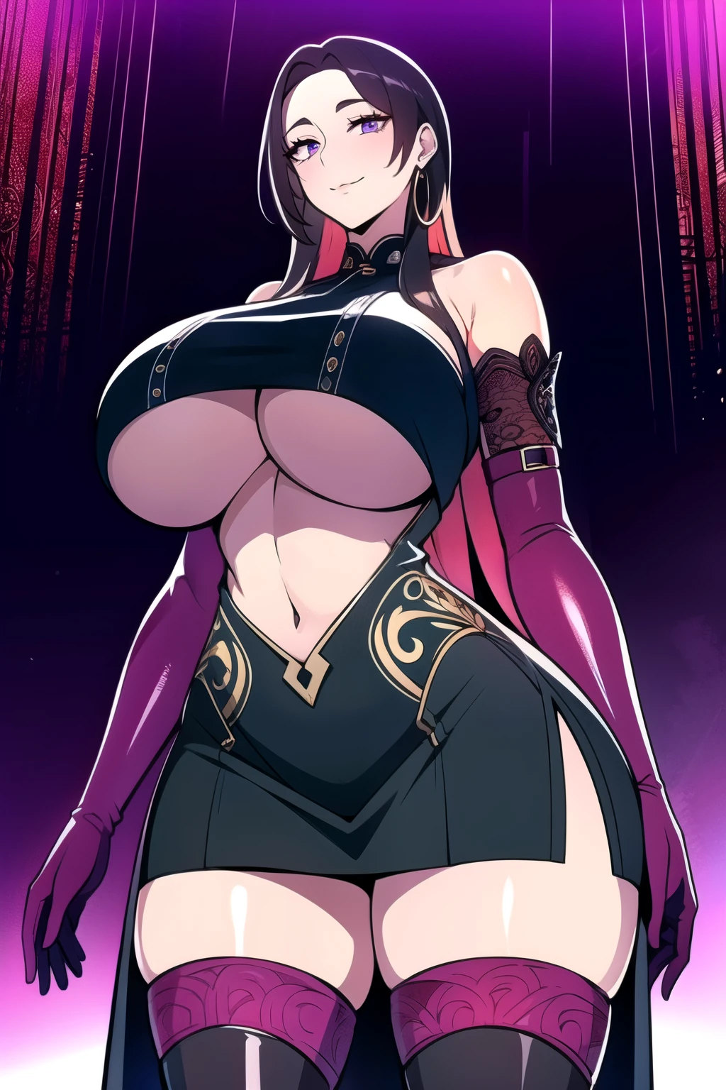 ultra realistic 8k cg, masterpiece, (( intricate detail, highly detailed, fine details best quality, hyperdetailed face)), gigantic breasts ,beautiful lighting, absurdres, BoaHancockV2, 1girl, solo, black hair, long hair, jewelry, closed mouth, ), (chinese dress, (underboob : 1.4), elbow gloves, thigh boots, split skirt, bare shoulders, curvy, midriff, curvy, thighs, shiny clothes), violet eyes, complex detailed background, inside, luxury palace), ((cowboy shot)), curvy, (gigantic breasts: 1.1), seductive smile, cowboy shot,