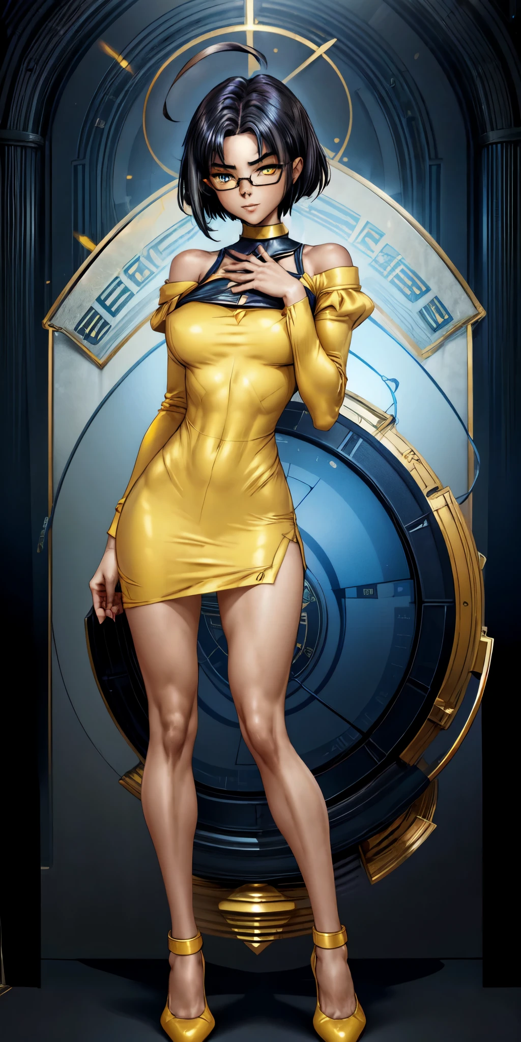 very young slim fit girl, full height, rounded face, very short disheveled dark blue hair, (big yellow eyes:1.5), shy smile, perfect medium breast, look at you, (ahoge:1.2), (megane:1.3), elegant tight evening dress, very short dress, tight dress, sexy dress, very long fit leg, 21thshirow, narrow hips