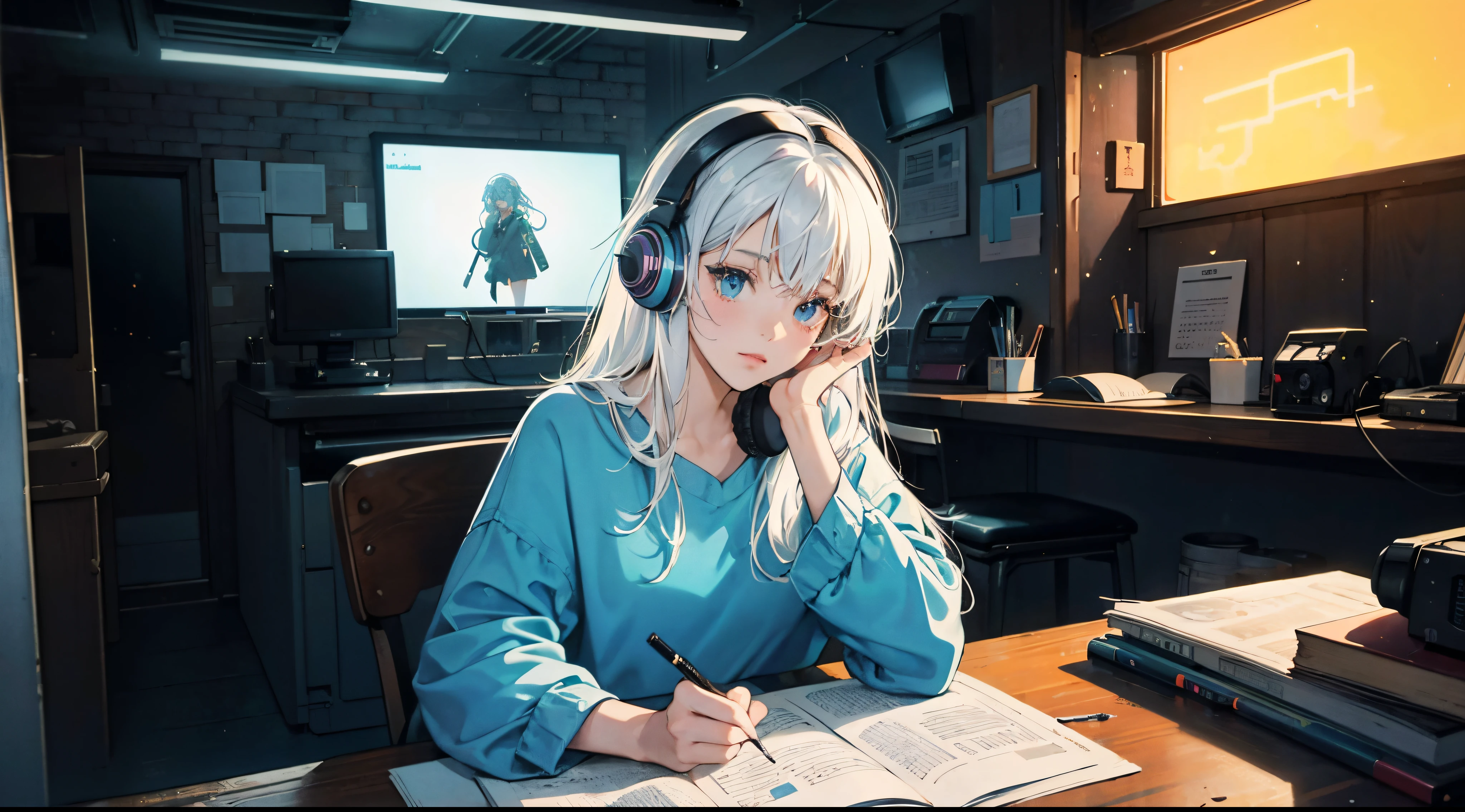 (praise), girl studying at the table, gray hair, reading a book, wearing a headset, night light, Neon landscape on a rainy day, analog color theme, hip hop lo fi, flashback, Flat, 2.5D , line drawing, ink painting, big incline, watercolor, gouache color, studio ghibli style, So colorful, lose, synthwave, Lofiato, 90s style, old texture, amplitude, 90's vibe, masterpiece, vast skills