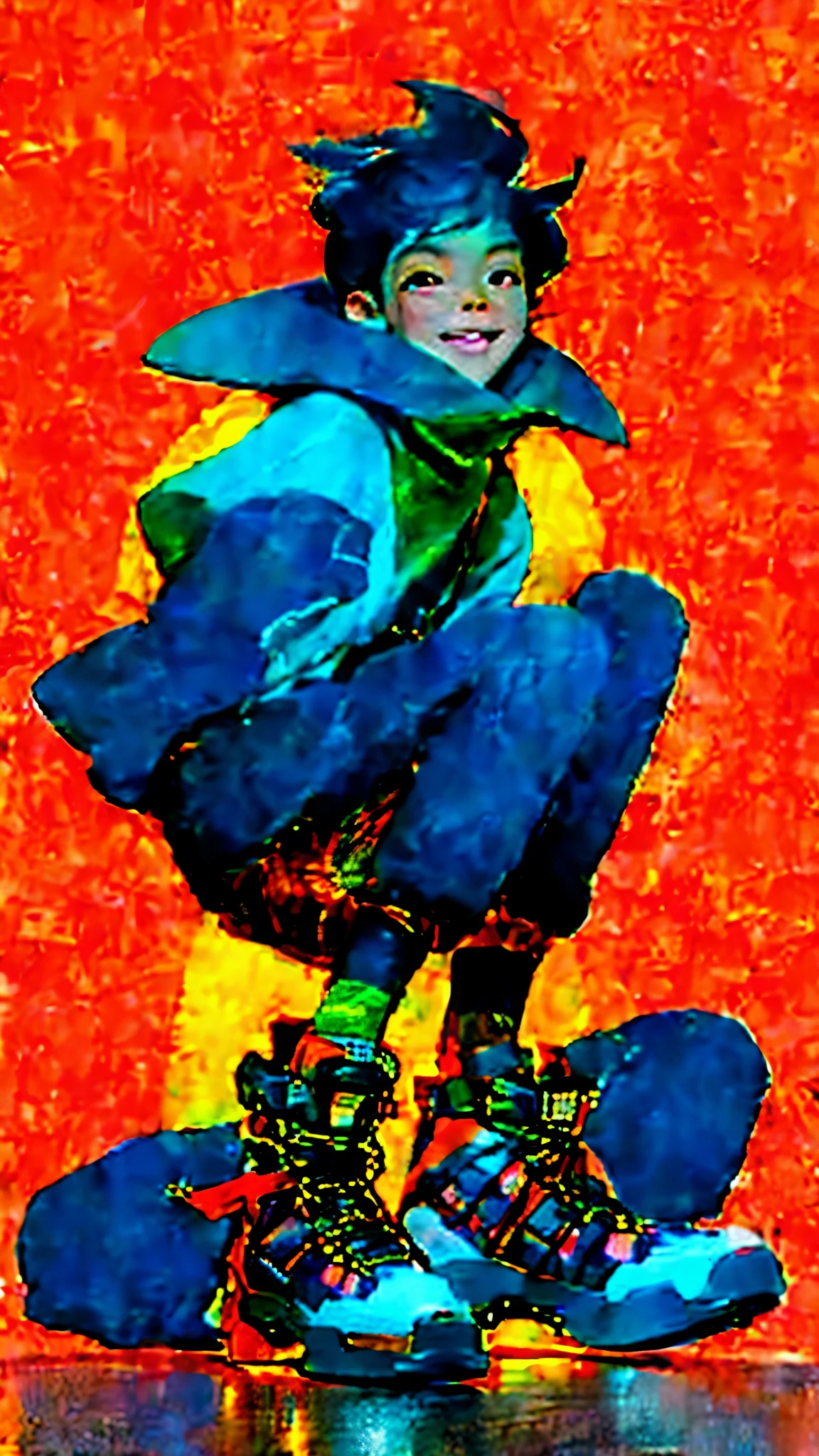 multicolor, A girl wearing platform sneakers、puffing up chewing gum、 Smile、night, dark, black hair, looking at the viewer, Upper body, Face-to-face audience, Limited palette, orange background, shine,long legs、Composition looking up from below、