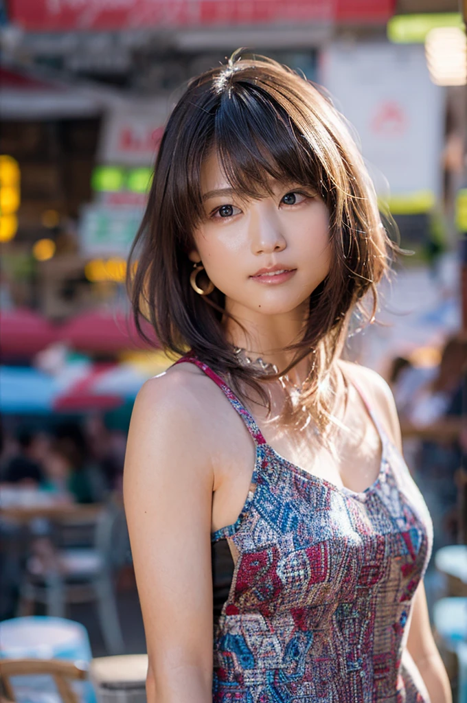 ((top-quality、8K、masterpiece:1.3))、1 milf、Wistful expression、full body Esbian、Slim Faces、Pretty women、(dark brown hair,so short hair)、Colossal tits,Full-length dresses:1.1、hyperdetailed face、A detailed eye、二重まぶた、blured background、Slim Faces、城市、takeout、a street、