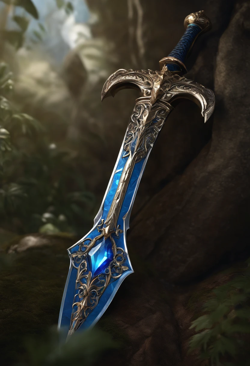 There is a pike with a red and blue design, Bright Blue Soul Blade, Incandescent spades, Pike Blade Style, raytraced blade, The sword, Bright Pike, Complex fantasy sword, war blade weapon, Medievolvil Sword, Magic Pique, Realistic pique. To create gold chain to Bow to and black hair long time plant Bow