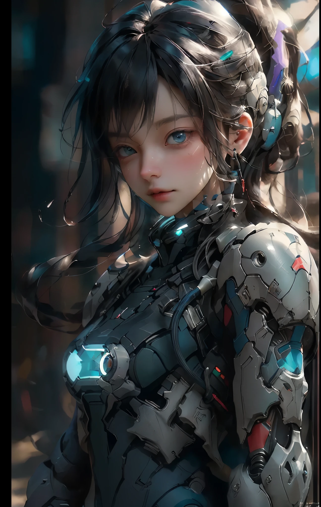 ((masterpiece, highest quality, Highest image quality, High resolution, photorealistic, Raw photo, 8K)), Ultra Wide Angle, Alien Landscap, A female stands next to an Alafedro robot on top of a hill, influenced by Stefan Koidl's background of discarded mechas. The art created by Craig Mullins, specifically in the style of Craig Mullins' Necro, portrays a detailed and futuristic science fiction scene. The emphasis is on SF concept art, with vivid colors and sharp focus. The overall lighting captures the essence of concept art in films,