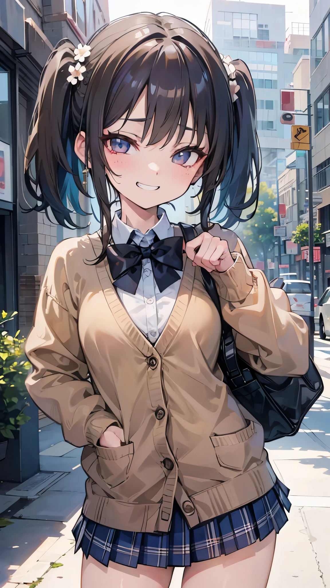 (8K、Highest image quality、highest quality、masterpiece)、detailed face、((one li))、black hair、short twintails、gray eyes、evil smile、((grin))、small breasts、blue bow tie、((brown cardigan))、plaid skirt、(((micro miniskirt)))、cowboy shot、((bent over))、night alley background