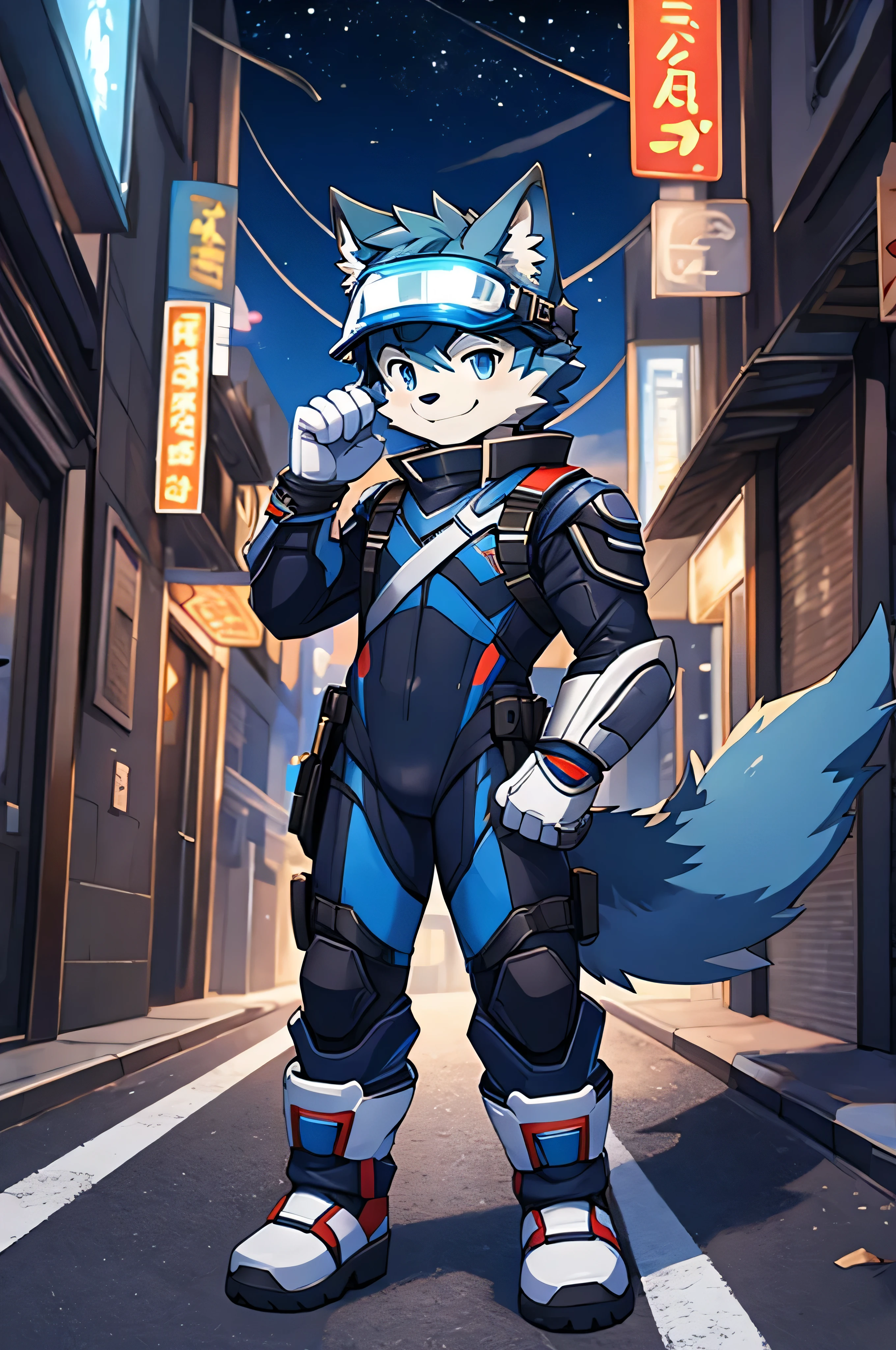 furry,1boy, dark blue wolf boy, tights bodysuit, young hero, white gloves, white boots, street background, smile, shota, visor, night