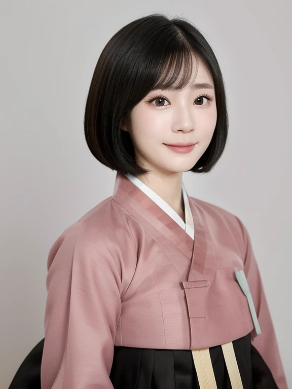 (kawaii 24 year-old Japanese girl, Nogizaka idol, Korean idol), (glossy black hair, medium bob cut:1.3), (extra rounded face, forehead, single eyelid, no makeup, soft smile:1.2), (wearing light pink concept Hanbok, Korean traditional cloth:1.3), well shaped extra small breasts, (looking at viewer:1.2), BREAK, (simple white background:1.2), (dynamic angle, portrait:1.3), BREAK, (masterpiece, best quality, photo realistic, official art:1.4), (UHD, 8K quality wallpaper, high resolution, raw photo, film grain:1.2), (shiny skin), professional lighting, physically based rendering, award winning, (perfect anatomy, highly detailed skin, extremely detailed face and eyes, well drawn clear pupils), Carl Zeiss 85 mm F/1.4, depth of field, 1girl, solo,