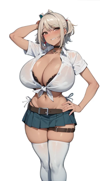 gyaru , tied blouse ,open blouse , cleavage , wearing school girl, upper cleavage, side-tie peek, white hair, belt, {{{gigantic breasts}}}, {{giggling}}, smirk, Provocative