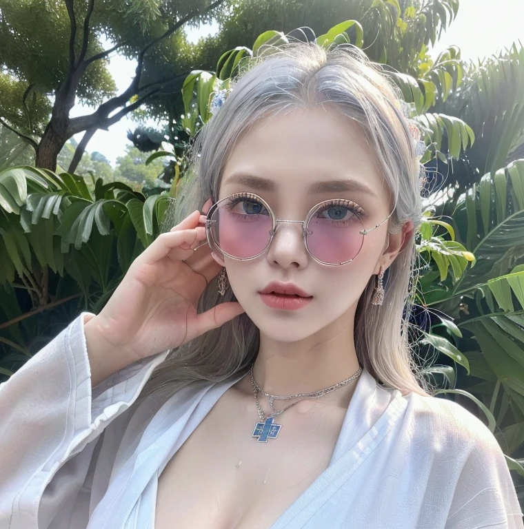 1 miniature Beautiful beautiful woman - Yuan Sayuki, ((top quality, 8K, Masterpiece:1.retty woman, 1 woman, huge breasts:1.3, a slim body:1.1, lush white long hair, (shower, wet body, wet clothes:1.1), very detailed face, detailed lips, detailed eyes, double eyelids, Detailed blue eyes, чрезвычайно Detailed Outstanding Blue Eyes, white wet hair, white wet hair, Detailed Outstanding Blue Eyes, innocent look at the viewer, very wet wavy white hair, Detailed Outstanding Blue Eyes, huge cross earrings, White kimono (Sport, martial art, jiu-jitso), bare chest, huge chest tattoo wearing a wreath, detailed huge earrings, chest tattoo, Outside - there are trees and a buddhist temple in the background, wear a silver cross (Detailed cross shape), reality mode, wet breasts, black necklace, human crowd behind, naked breasts, naked breasrs, naked nipples, hair of white snowy colour, accurately detailed RED TAINTED GLASSES