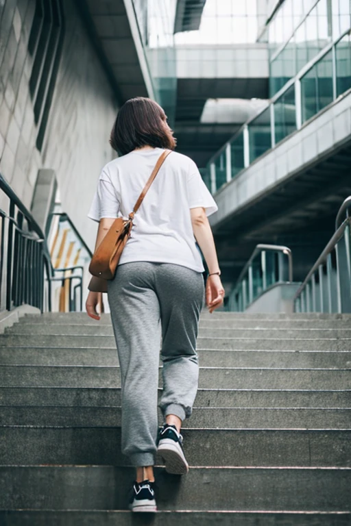 There's a woman wearing grey sweatpants.,white t-shirt, view from behind、top quality、realistic、short hair、Climbing the stairs at Tokyo Station、walking、smaller butt
