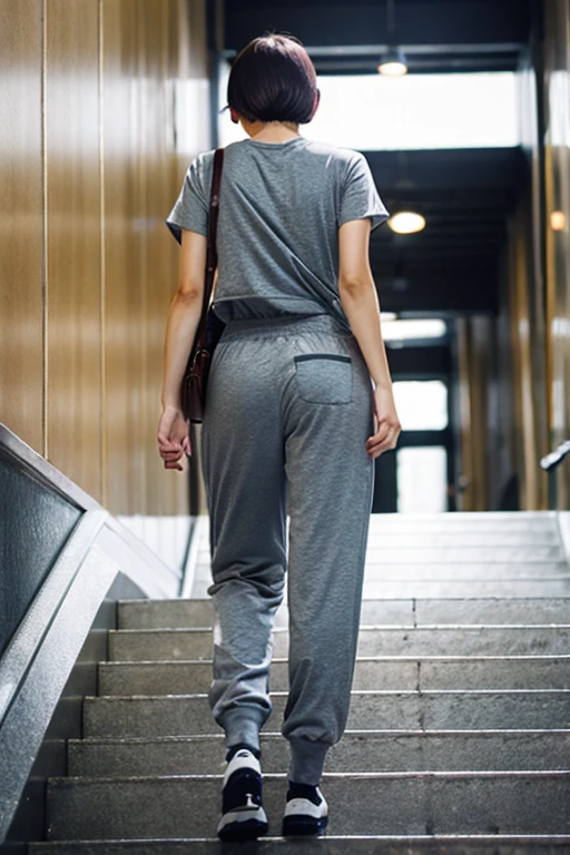 There's a woman wearing grey sweatpants.,white t-shirt, view from behind、top quality、realistic、short hair、Climbing the stairs at Tokyo Station、walking、smaller butt