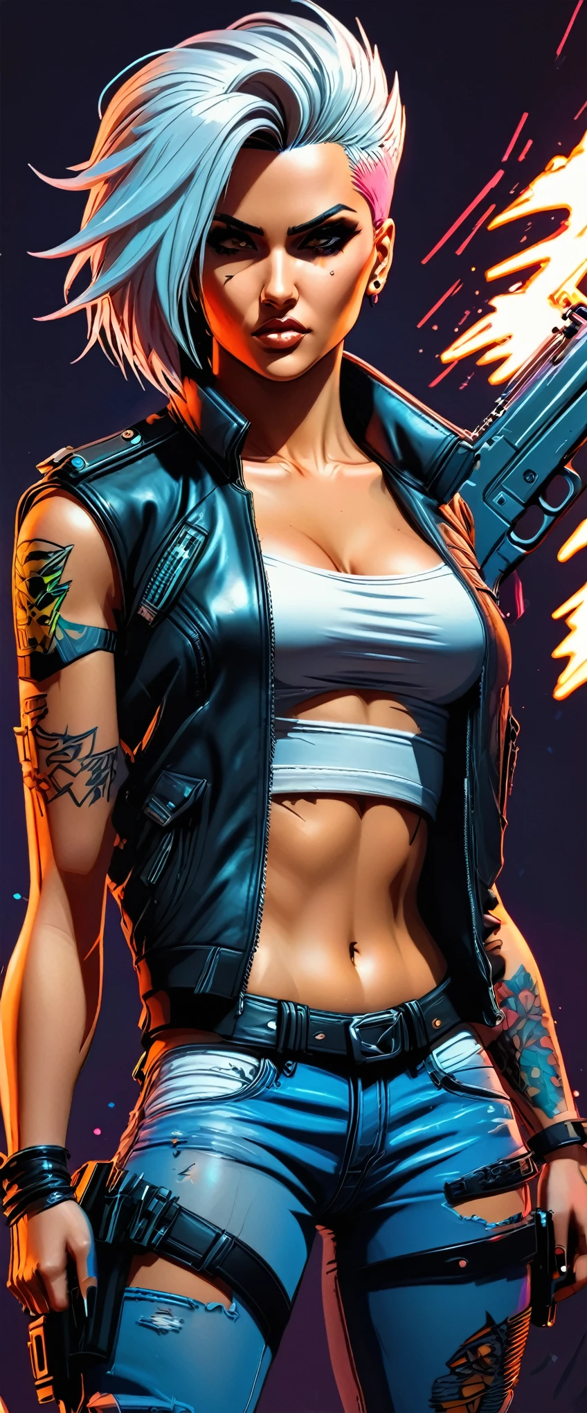 Vector art: 1.2, Cyberpunk 2020, Cyberpunk, young Rogue Amendiares from Cyberpunk, full shot, full body, stands in a feisty and defiant pose, stands back and looks over her shoulder at the viewer Perfect Face, Perfect body, leather jacket, white tank top , jeans, punks hairstyle, white and silver hair with colored highlights, dark makeup, tattoos, hold big gun in hand, the legend ,Afterlife bar Interior, INK, Splash Art, Sharp Focus, Smoke, Sparks, Painting Concept ART of Detailed Character, 4K, comic style, Vector cartoon illustration