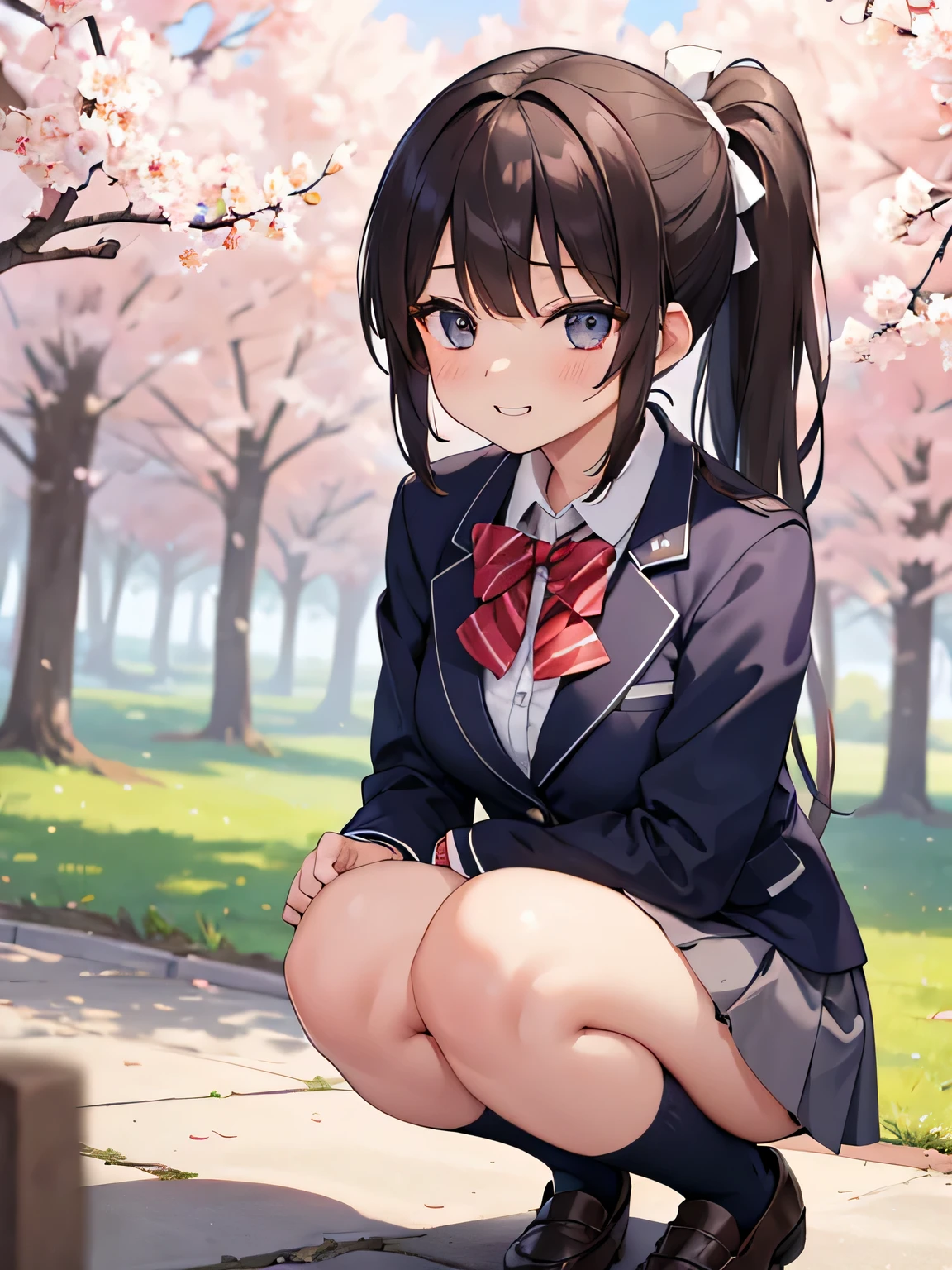 (masterpiece、highest quality、High resolution、realistic pictures、real looking skin:1.1)、 (A woman's body is mine々squatting down facing:1.9)、(A woman is squatting with her knees and thighs together.:1.9)、 (glimpse of panties:1.8)、 (she has a grin on her face:1.5)、(I rest my elbows on my knees and rest on my chin.:1.8)、 (She is wearing a navy blue blazer from her high .:1.8)、 (She is wearing the gray miniskirt of her high school uniform:1.8)、 (she is wearing black loafers:1.8)、(she is wearing navy high socks:1.8)、 (The panties are red and patterned.:1.5)、 (Short ponytail with brown hair:1.5)、 (small face:1.5)、 (D cup breasts:1.5)、 (The location is a high school ground lined with cherry blossom trees.:1.5)、 1 Japanese girl、solo、full body esbian、beautiful eyes、shining eyes、Shining thighs、NSFW
