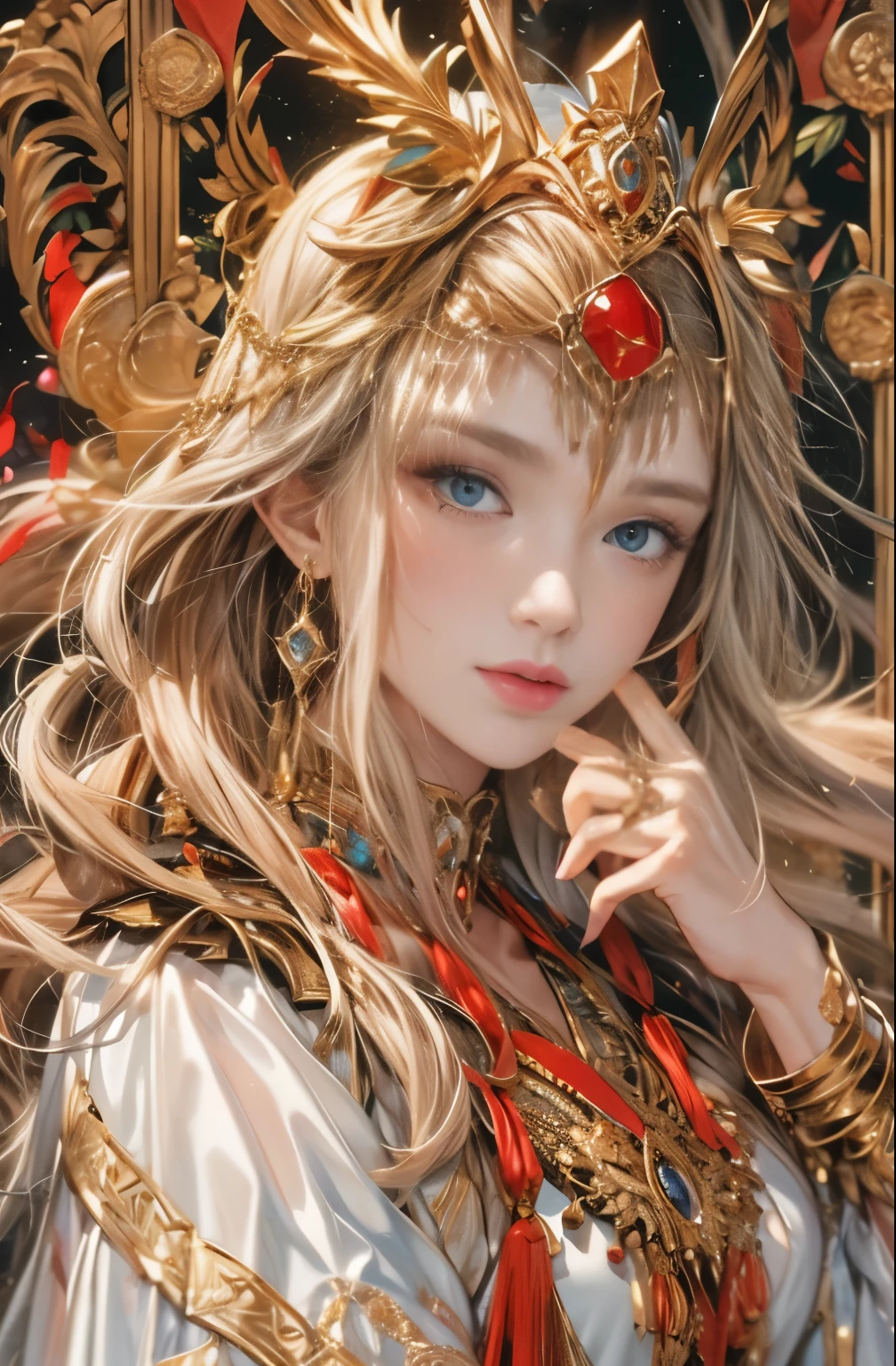 Gold and red tones、fantasy、Ancient mythology、ancient mesopotamia、Dusk time、Mysterious、solemnity、majestic、highest quality, masterpiece、Ishtar, mysterious queen, Guardian of royal power、majestic バビロンの守護者、increase fighting spirit、Great Goddess of Babylon, Majestic Hall々、Brave、glory of babylon、Honor of Babylon、Treasure of Babylon, Unparalleled beauty with long eyes、refinement、Noble、i am proud、Wearing Noble jewelry、Equip your weapons、looks like fancy golden armor、cloak fluttering in the wind、Tall and lean、fiery red long hair、perfect angle、perfect composition、Low - Angle、Full body Esbian, Works that influenced Chen Yifei, Works that influenced Francesco Hayes, Inspired by Hendrik Terbruggen, Jean＝Works that influenced Auguste Dominique Ingres, Works that influenced Liu Jun, Jean＝Works that influenced Auguste Dominique Ingres, highest quality, perfect angle, perfect composition, best shot, official art, cinematic light, figurative art, Beautiful and expressive paintings, Beautiful artwork illustration, wonderful, cool beauty, clear, Mysterious, masterpiece, highest quality, official art, Very delicate and detailed painting style, Beautiful painting art, perfect light, perfect composition, perfect angle, The perfect subject, best shot, women only, sharp outline, pretty much beautiful face, Very beautiful and delicate eyes, delicate and beautiful eyes, close