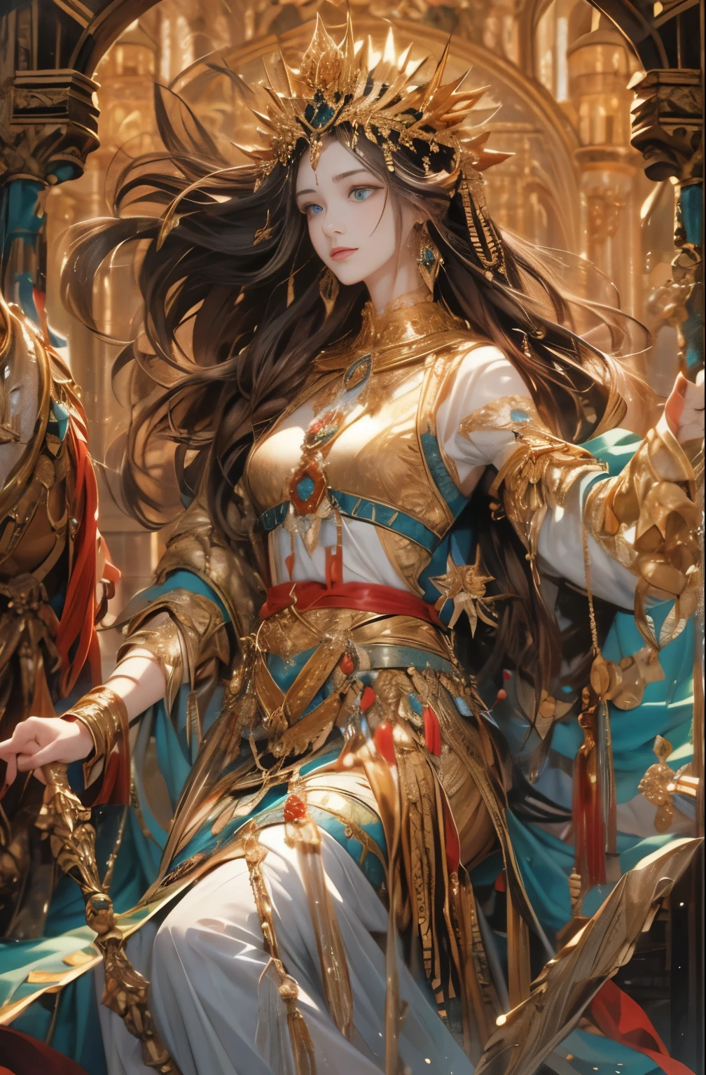 Gold and red tones、fantasy、Ancient mythology、ancient mesopotamia、Dusk time、Mysterious、solemnity、majestic、highest quality, masterpiece、Ishtar, mysterious queen, Guardian of royal power、majestic バビロンの守護者、increase fighting spirit、Great Goddess of Babylon, Majestic Hall々、Brave、glory of babylon、Honor of Babylon、Treasure of Babylon, Unparalleled beauty with long eyes、refinement、Noble、i am proud、Wearing Noble jewelry、Equip your weapons、looks like fancy golden armor、cloak fluttering in the wind、Tall and lean、fiery red long hair、perfect angle、perfect composition、Low - Angle、Full body Esbian, Works that influenced Chen Yifei, Works that influenced Francesco Hayes, Inspired by Hendrik Terbruggen, Jean＝Works that influenced Auguste Dominique Ingres, Works that influenced Liu Jun, Jean＝Works that influenced Auguste Dominique Ingres, highest quality, perfect angle, perfect composition, best shot, official art, cinematic light, figurative art, Beautiful and expressive paintings, Beautiful artwork illustration, wonderful, cool beauty, clear, Mysterious, masterpiece, highest quality, official art, Very delicate and detailed painting style, Beautiful painting art, perfect light, perfect composition, perfect angle, The perfect subject, best shot, women only, sharp outline, pretty much beautiful face, Very beautiful and delicate eyes, delicate and beautiful eyes, close