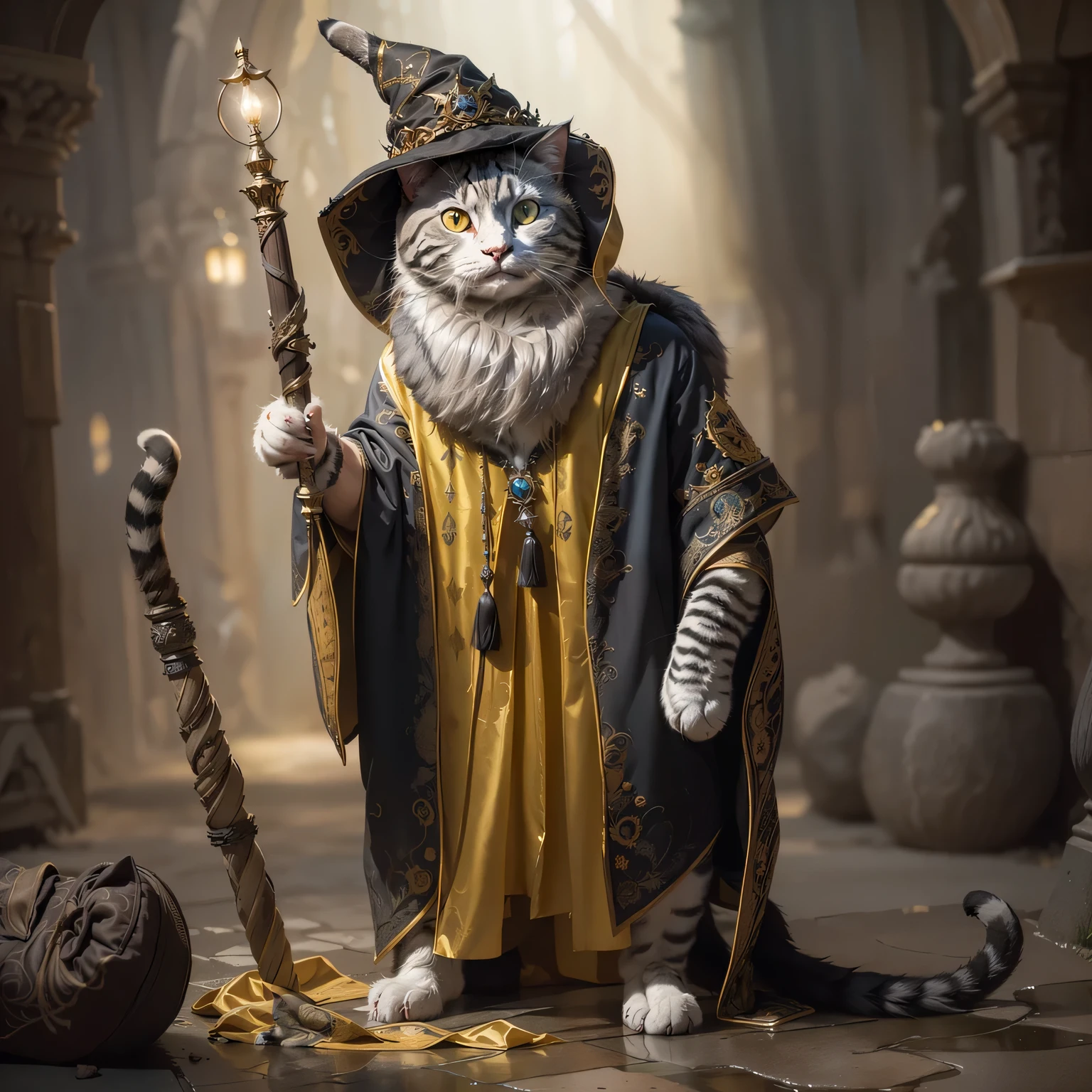 Arafed cat dressed as a wizard with a staff and a staff - SeaArt AI