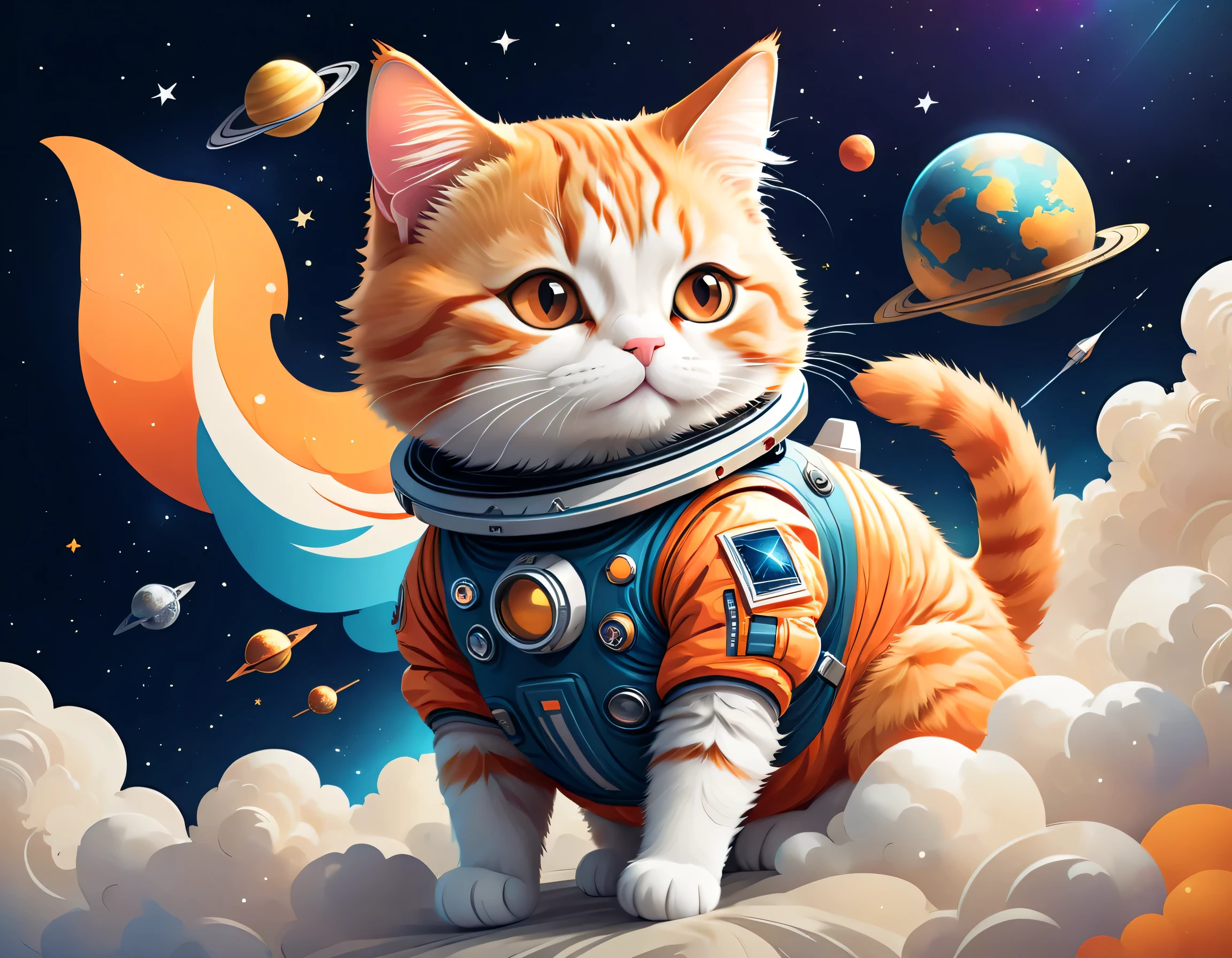 vector art:Cat astronaut,draw with thick lines,illustration,adobe,flat design,Works created by professional designers,Super Brilliant Space Travel,orange cat:Spacesuit,Rocket emblem,technology,adventure,spaceship,outer space,no gravity,buoyant,floating object,cute,Fantastic,Brilliant,Bokeh effect,fun,Wonderful,joy,masterpiece,best masterpiece,rich colors,colorful,cool,rendering,zentangle elements,line art,