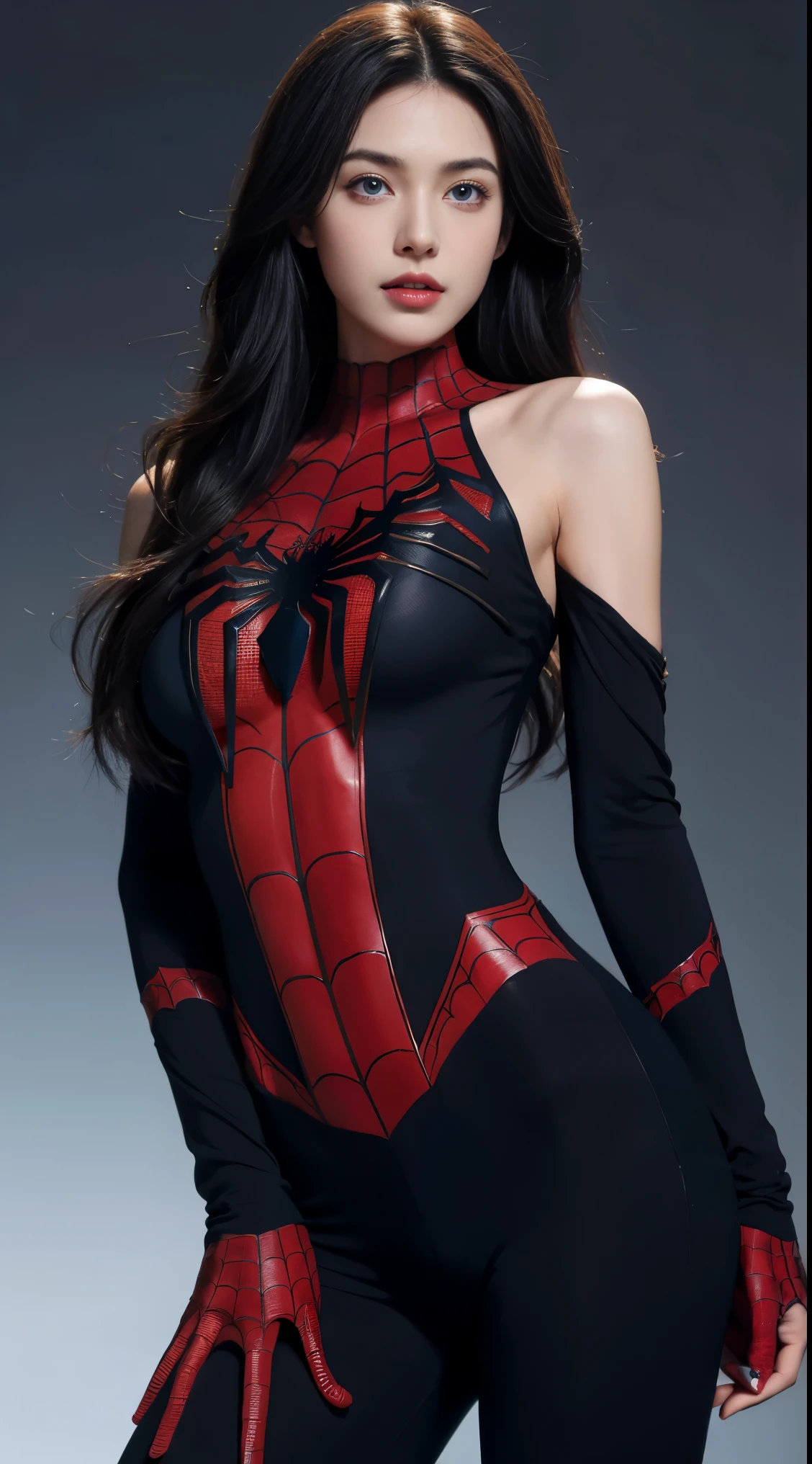 8K, Top Quality, Intricate Details, Ultra Detail, Ultra High Resolution, Masterpiece, close up shot, (full body: 1.1), Slender, Smile, (Makeup: 0.4), (Fluffy Blue Eyes: 1.21), (()), 1girl, solo, 1 girl, ((black hair, long hair)), close up shot, , ((tall)), (((fit body))), (((slim face))), sharp face, ((  ))  (detailed face), sharp face, small lips, standing, , 
 ((torn spiderman suits, )), , ((,)), detailed face, detailed breast, , ((large breast, huge breast)), detail ass, Narrow Waist, Skinny, , Muscular, Navel, Exposed Abdomen, Pointed Chest,, Beautiful girl with accentuated slender abs: 1.4, Six Pack Abs: 1.4, Bust Botox, Big, Perfect Body, detail leg, (( dark background)), black background,